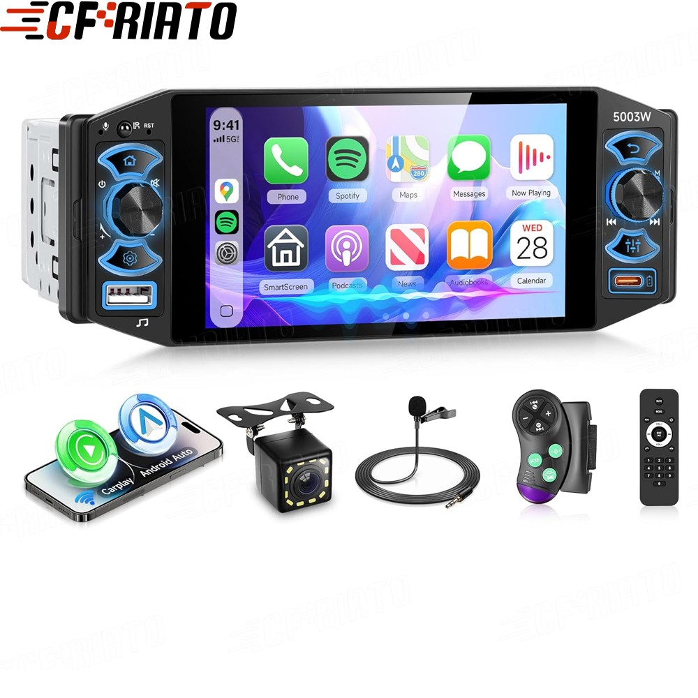5″ Single 1Din Car Stereo Radio USB BT Wireless Android auto Carplay BT + Camera