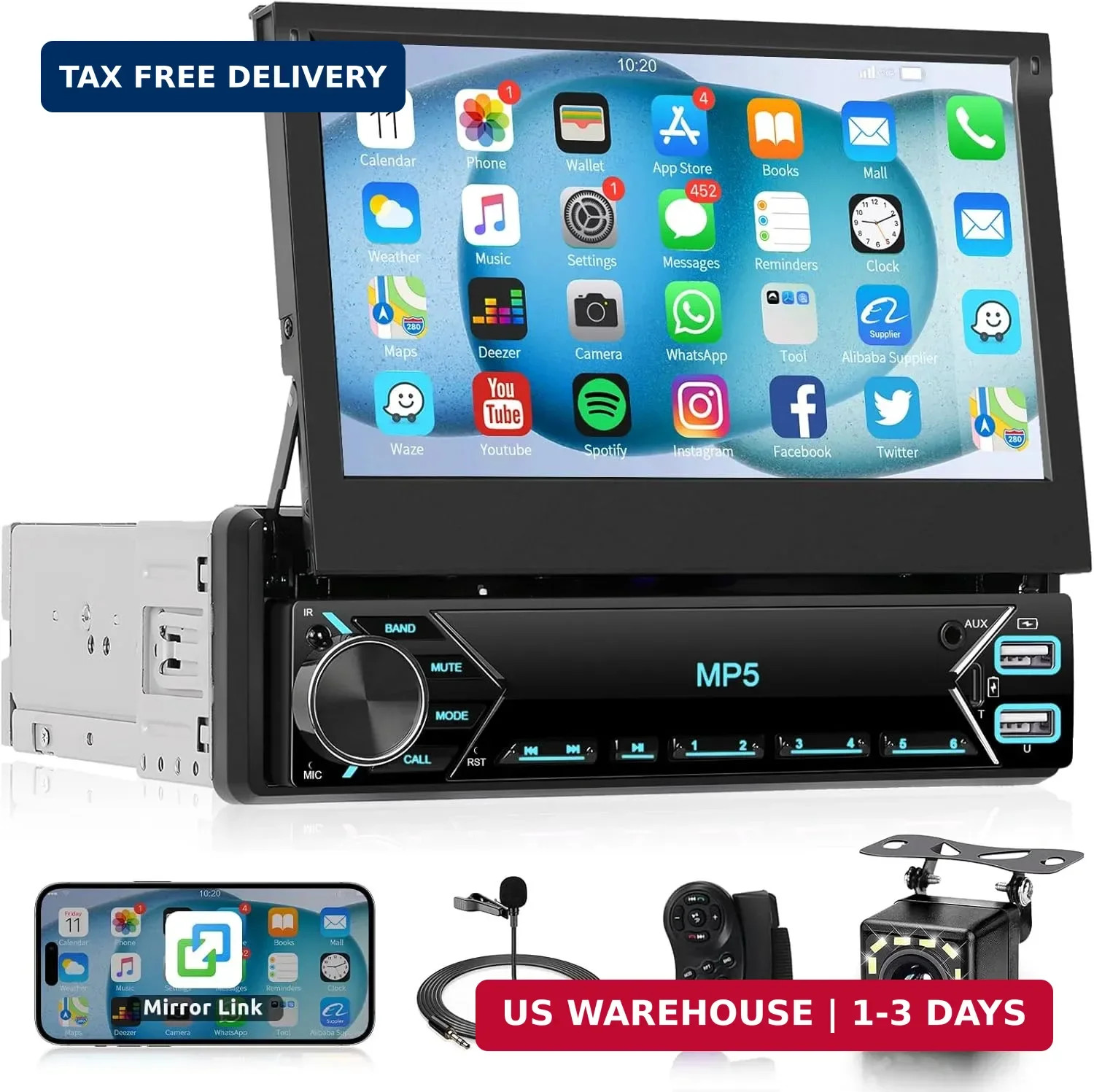 Single Din Flip Out IPS Touchscreen Car Stereo, 7inch Car Stereo with Bluetooth