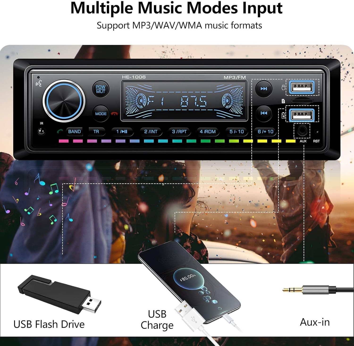 Compact Bluetooth Car Audio Receiver with USB/SD/AUX, Remote Control Included