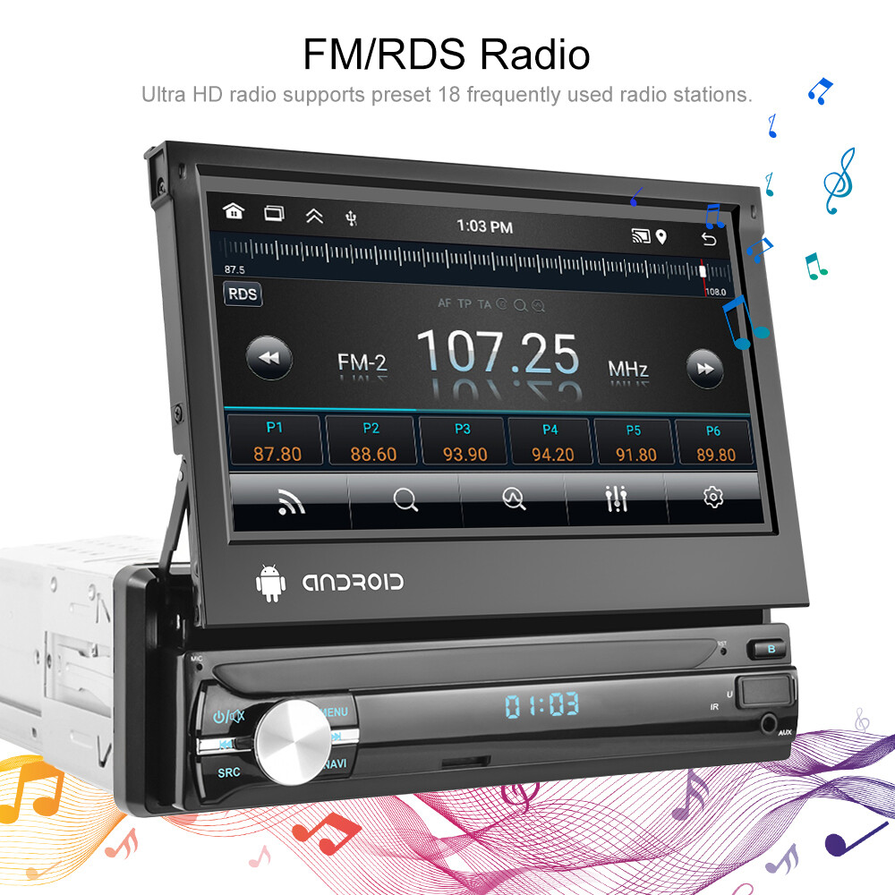 7″ Single 1Din 2+64G Android 15 Carplay Flip Out Car Stereo Radio WiFi Navi Cam