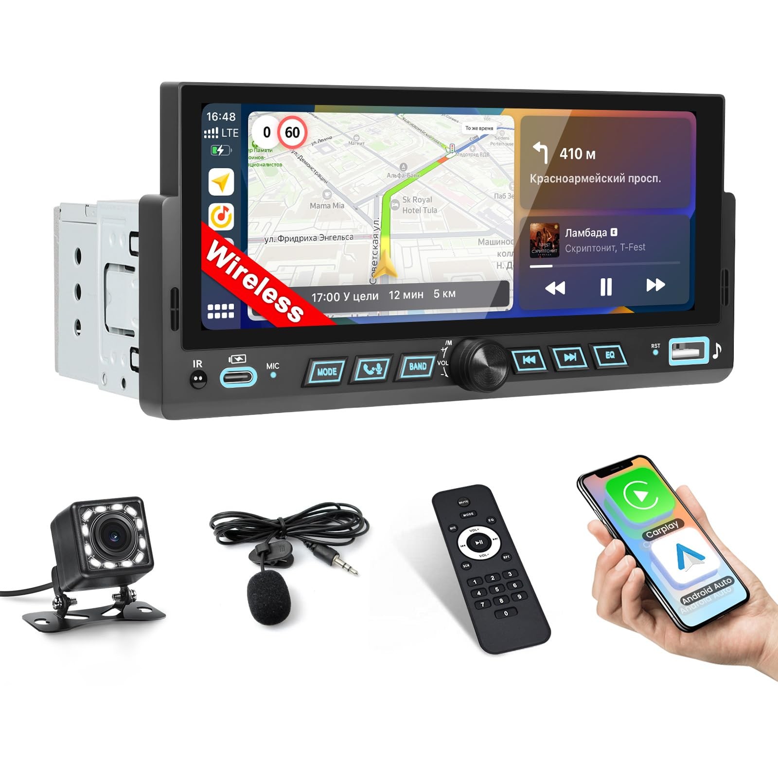 6.86″ Wireless Carplay Car Stereo Single Din Touchscreen Radio Android Auto B…