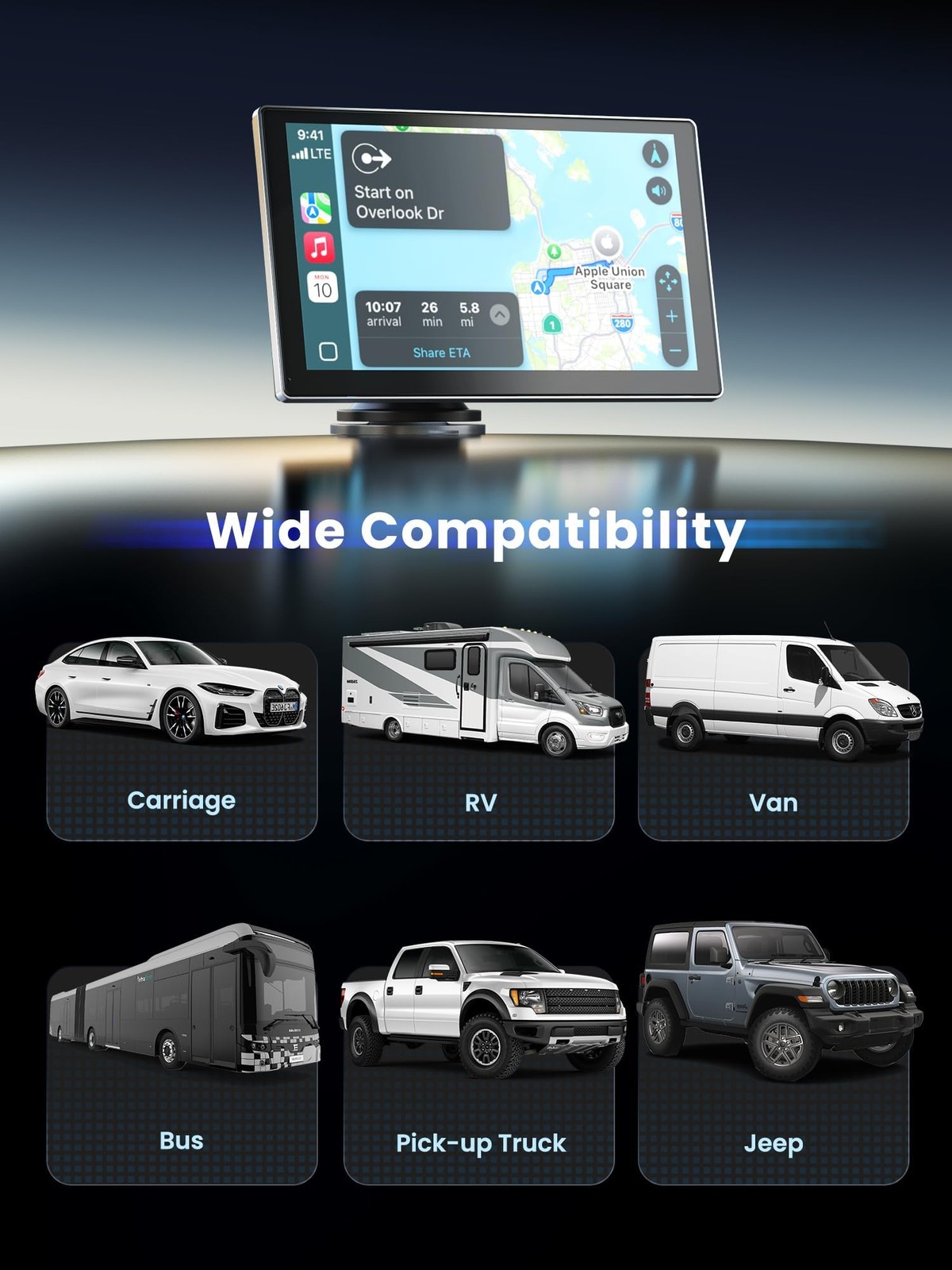 Portable CarPlay Screen for Car, 9” Wireless Apple CarPlay & Android Auto Sc…