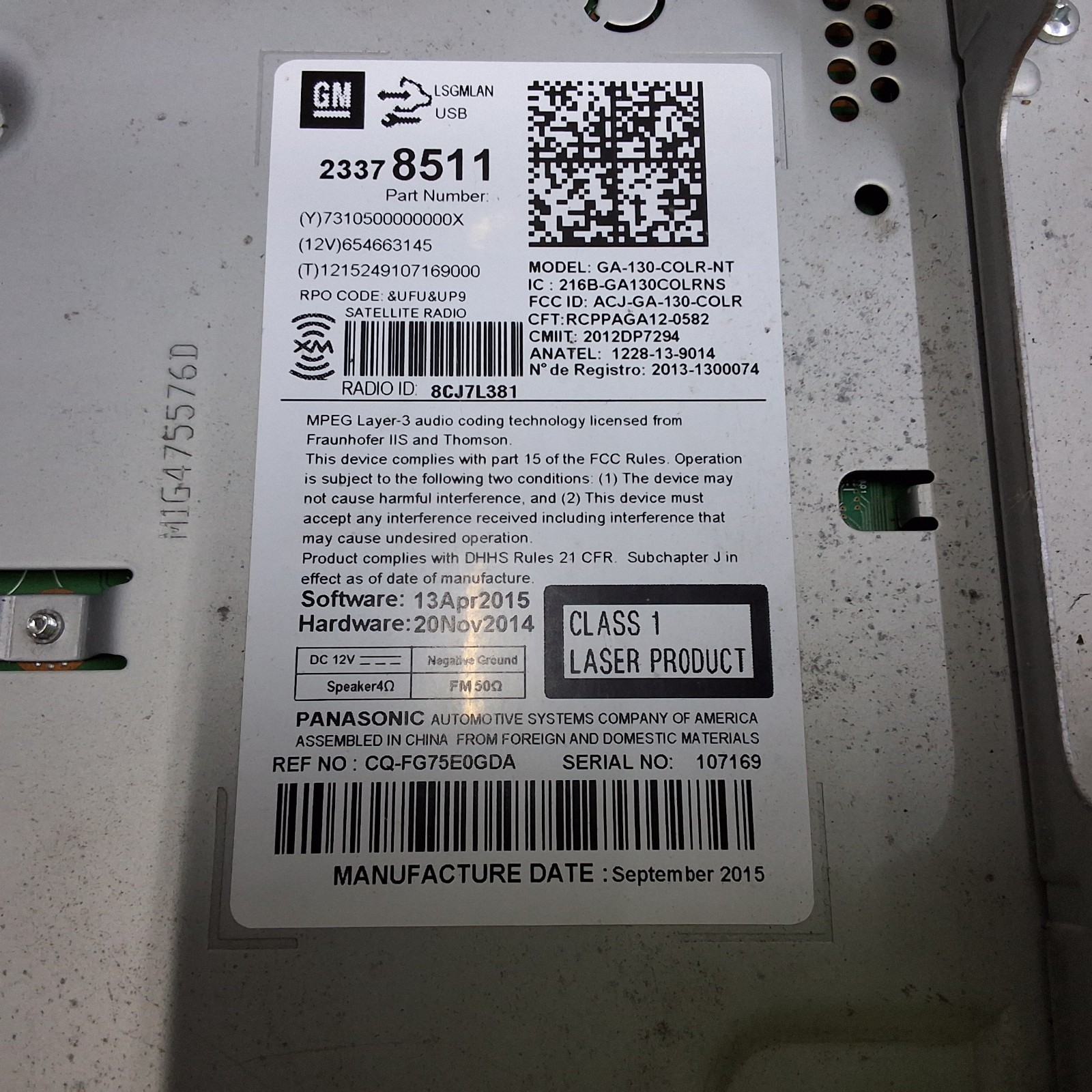 16 Chevrolet Cruze AM FM XM CD radio receiver 23378511 OEM