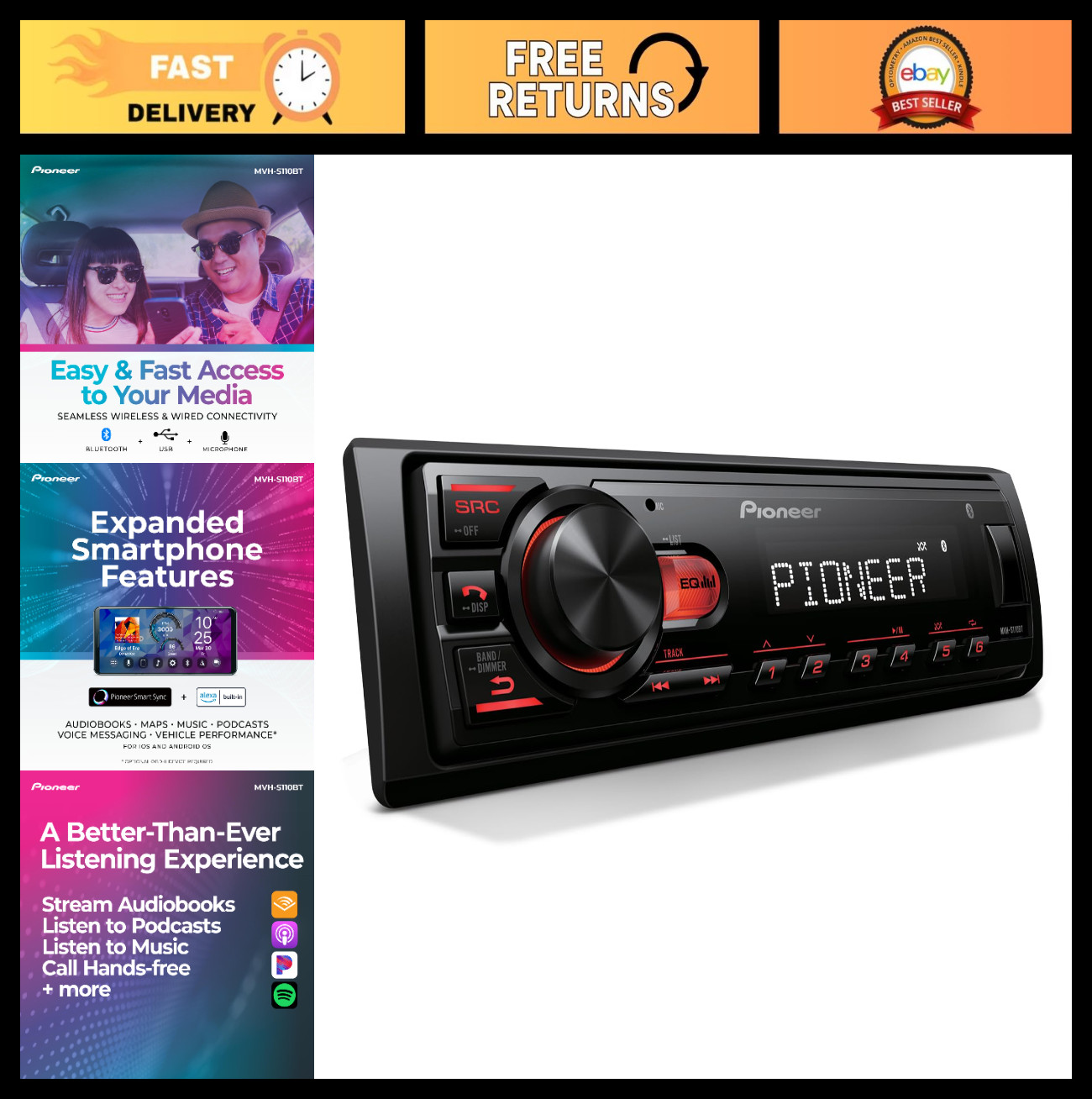 1-Din Bluetooth Car Stereo Receiver – USB Input, 50W x 4, AM/FM Radio, iPhone &