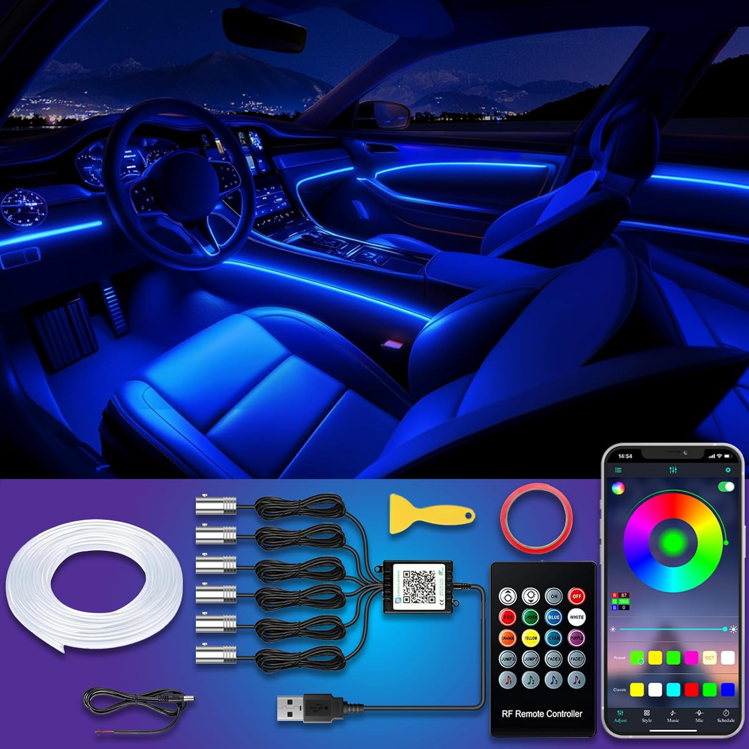 Car LED Strip Lights, USB Interior Ambient Lighting Kits with Wireless APP and R