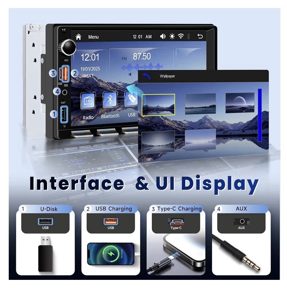 Double Din 7 Inch Car Stereo with Wireless Carplay & Android Auto Backup Camera
