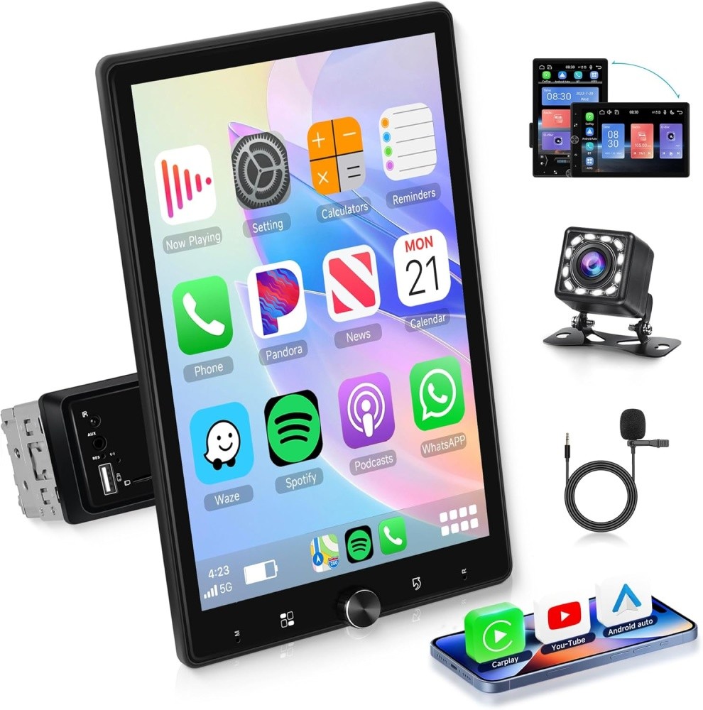 10.4″ Singele 1DIN Rotation MP5 Player Car Radio Android Auto Carplay BT FM +Cam