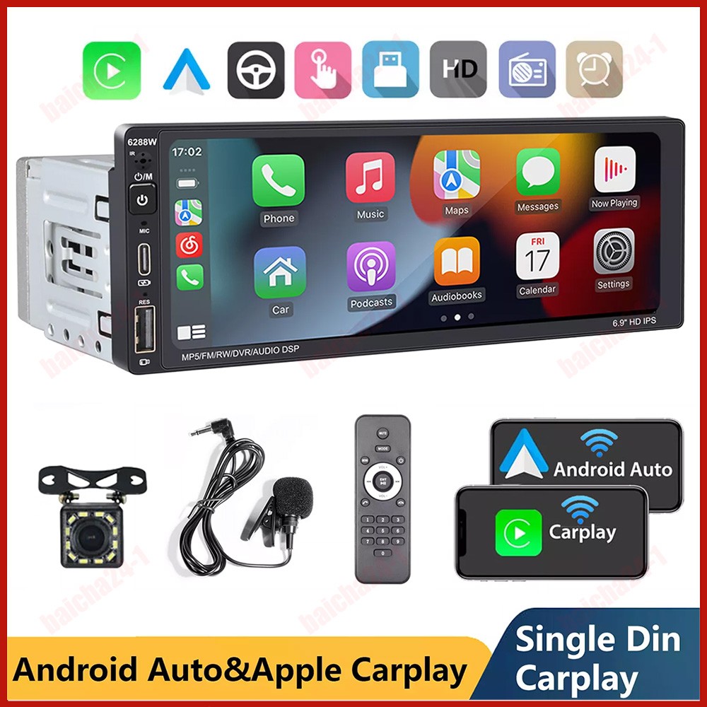 Single Din Car Stereo Wireless Apple Carplay 6.9 Touchscreen Bluetooth Radio USB