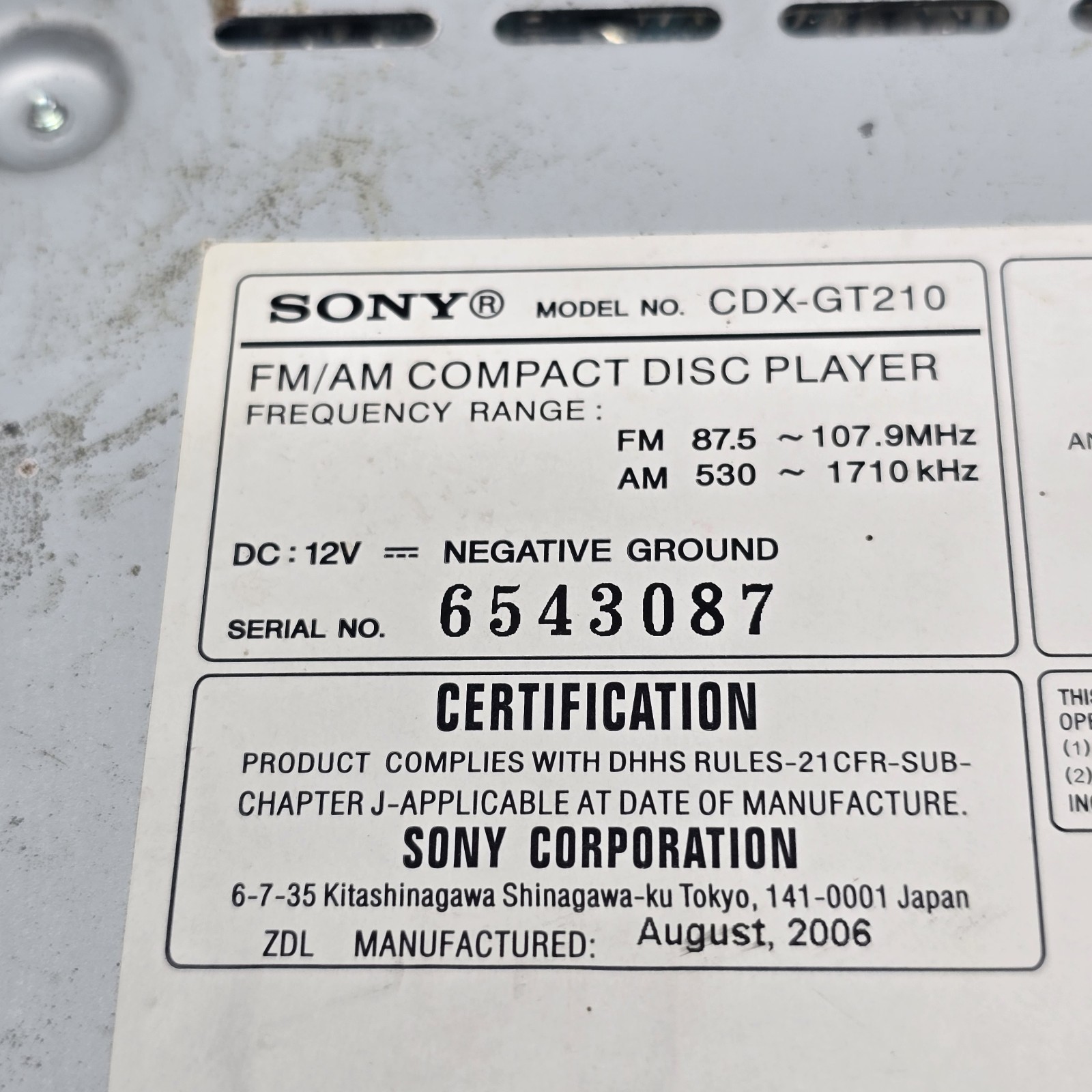 SONY MODEL NO. CDX-GT210FM/AM COMPACT DISC PLAYER