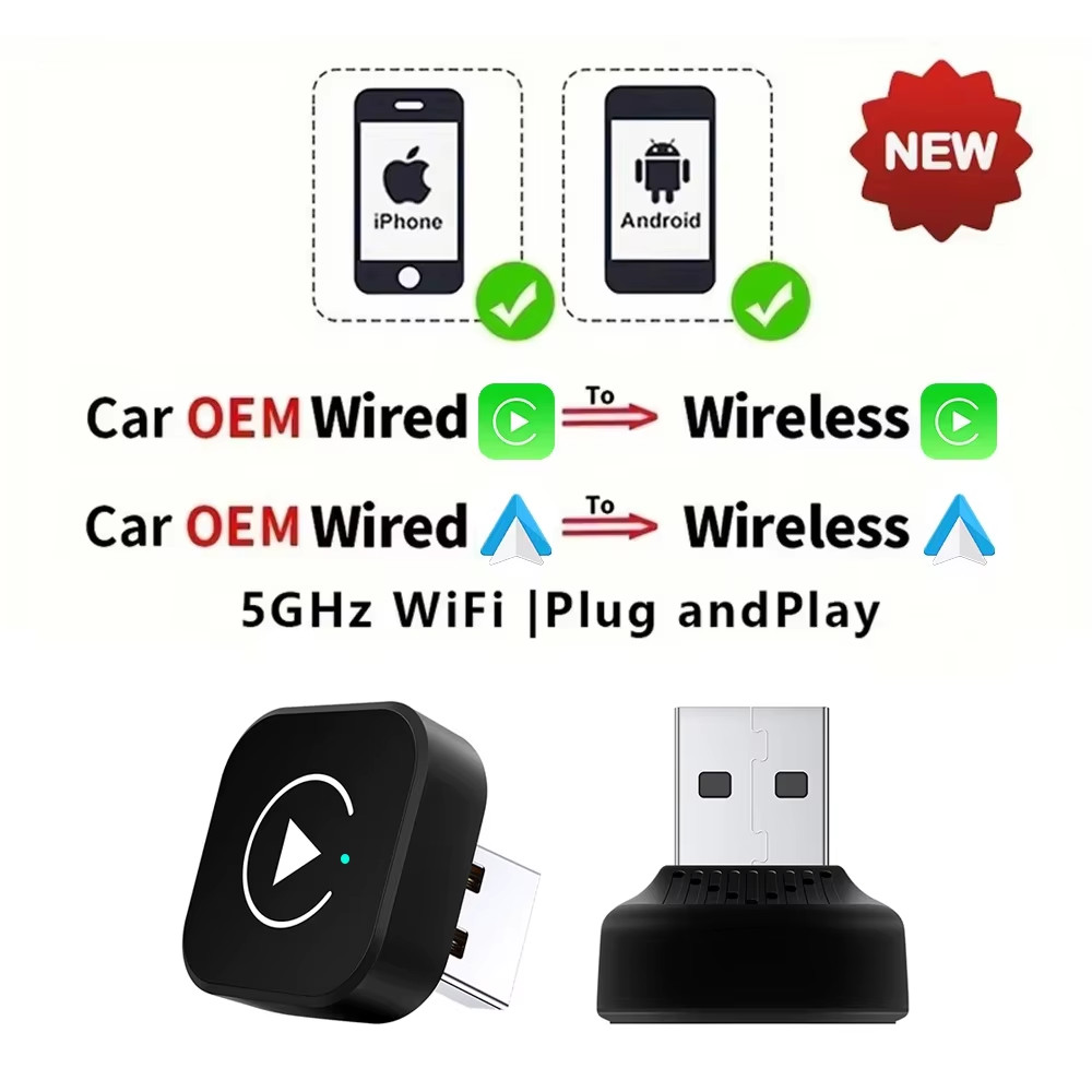 2In1 Wired to Wireless Carplay Android Auto Adapter for OEM Car Stereo with USB