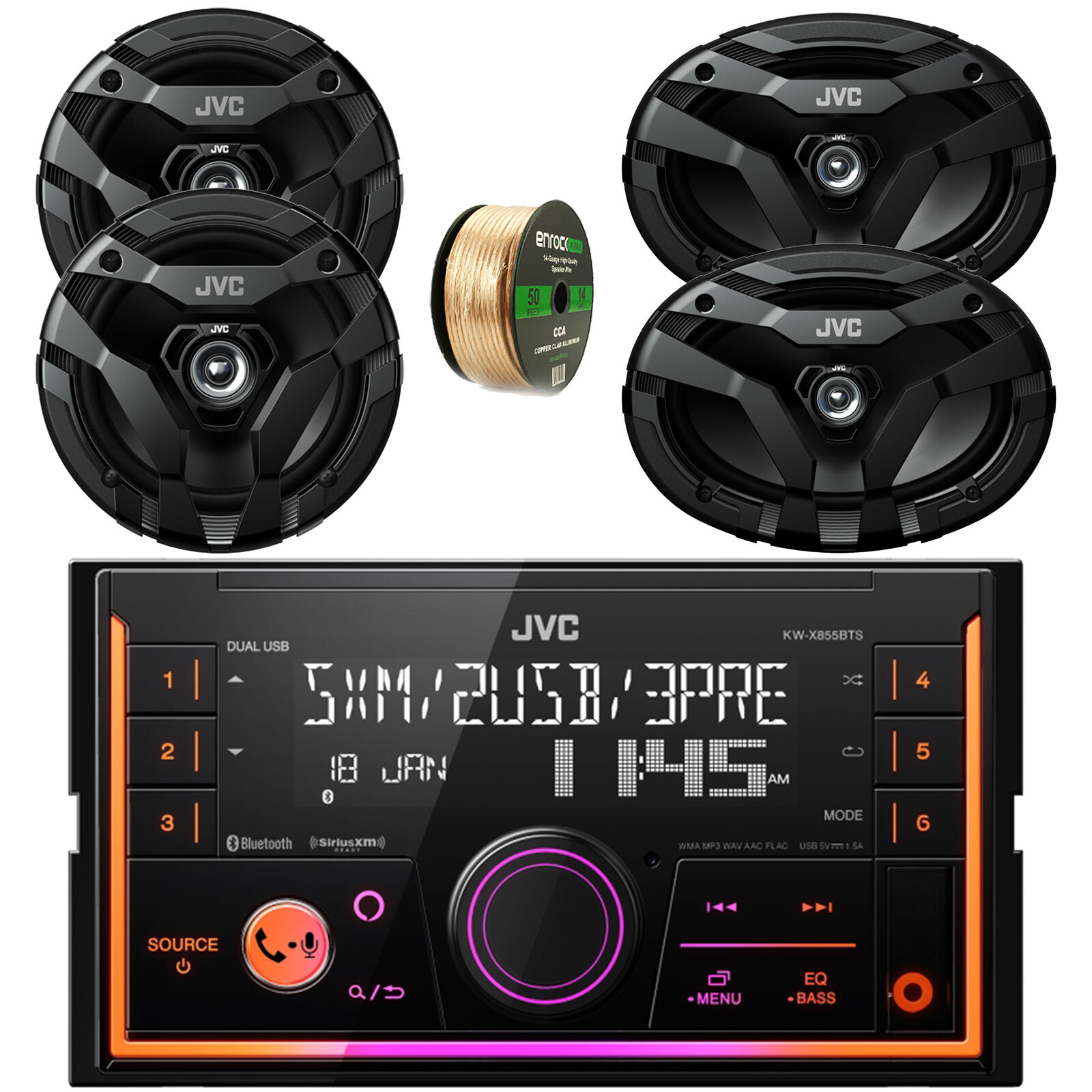 In-Dash 2DIN Bluetooth USB Car Radio, 2x 6.5″ Speakers, 2x 6×9″ Speakers, Wire