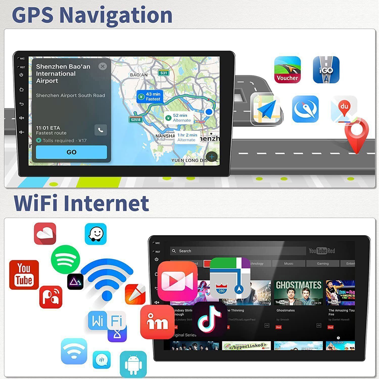 10.1” Double 2 Din Android Car Radio GPS WIFI BT Carplay Touch Screen Stereo BT