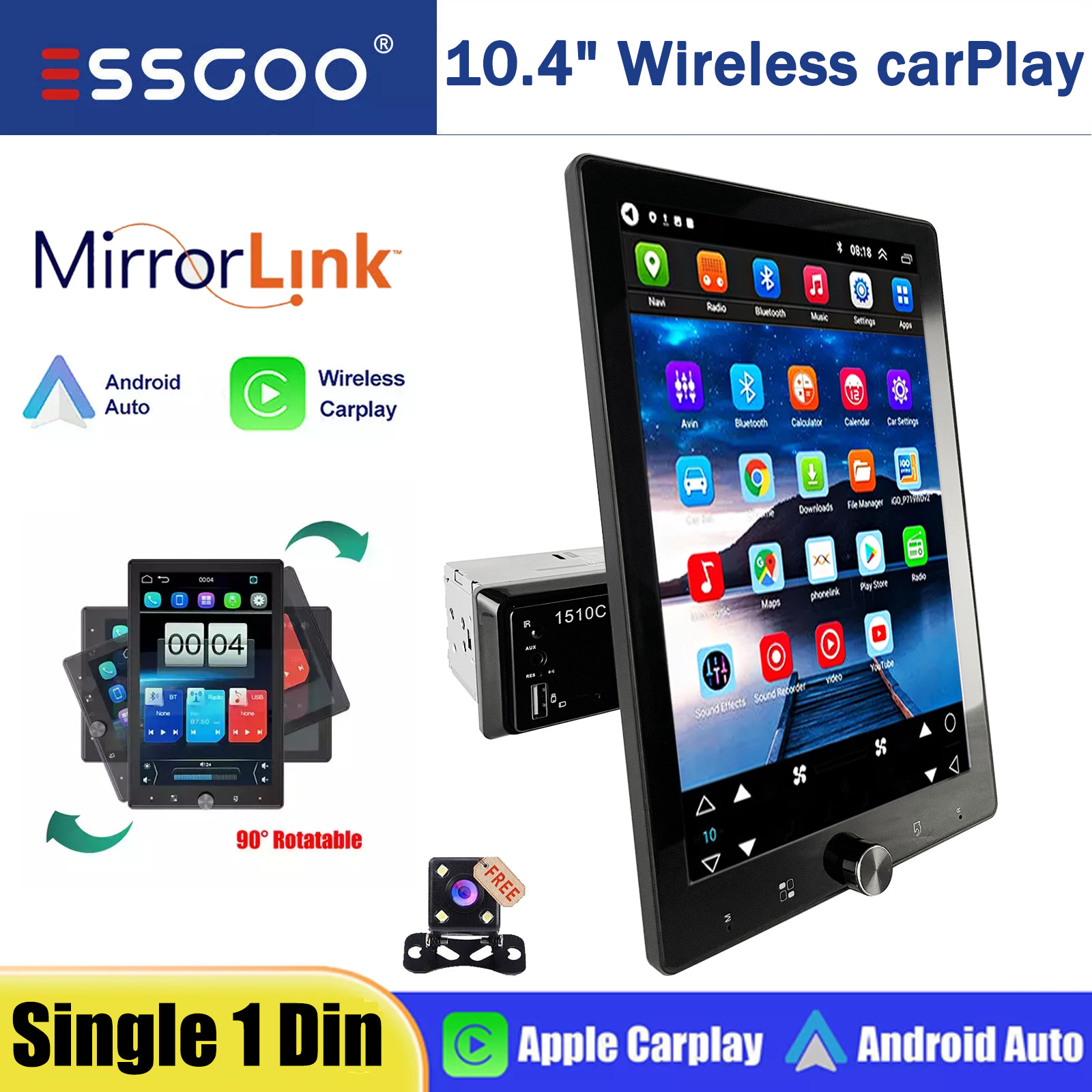10″ Single Din Touch Screen Stereo Bluetooth Radio Car Apple/Android Carplay+CAM