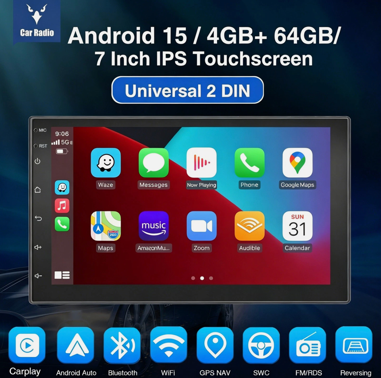 Android 15 4+64G 7″ 2Din Car Stereo Radio GPS Navi Wireless Carplay Android Auto