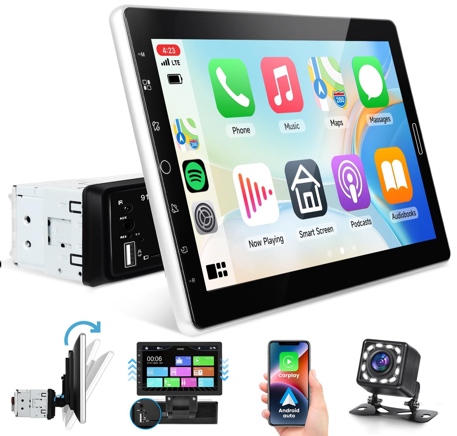 10.1 Inch Single Din Car Stereo, Detachable Touch Screen with Apple CarPlay &…