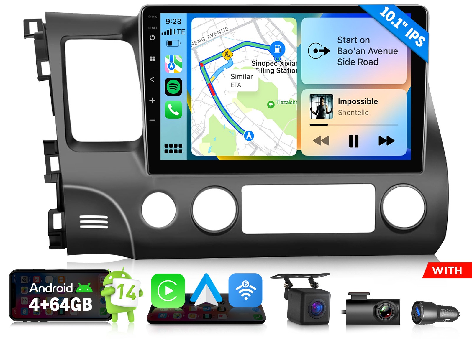 10.1″ IPS Android 14 4+64G Car Stereo CarPlay for Honda Civic LHD GPS Navigation