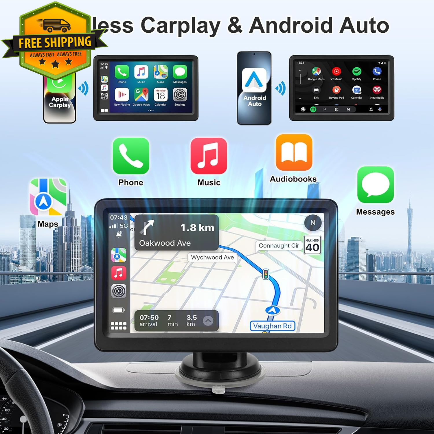 CarPlay Screen 7” Wireless Android Auto HD Touch GPS Bluetooth Plug Play