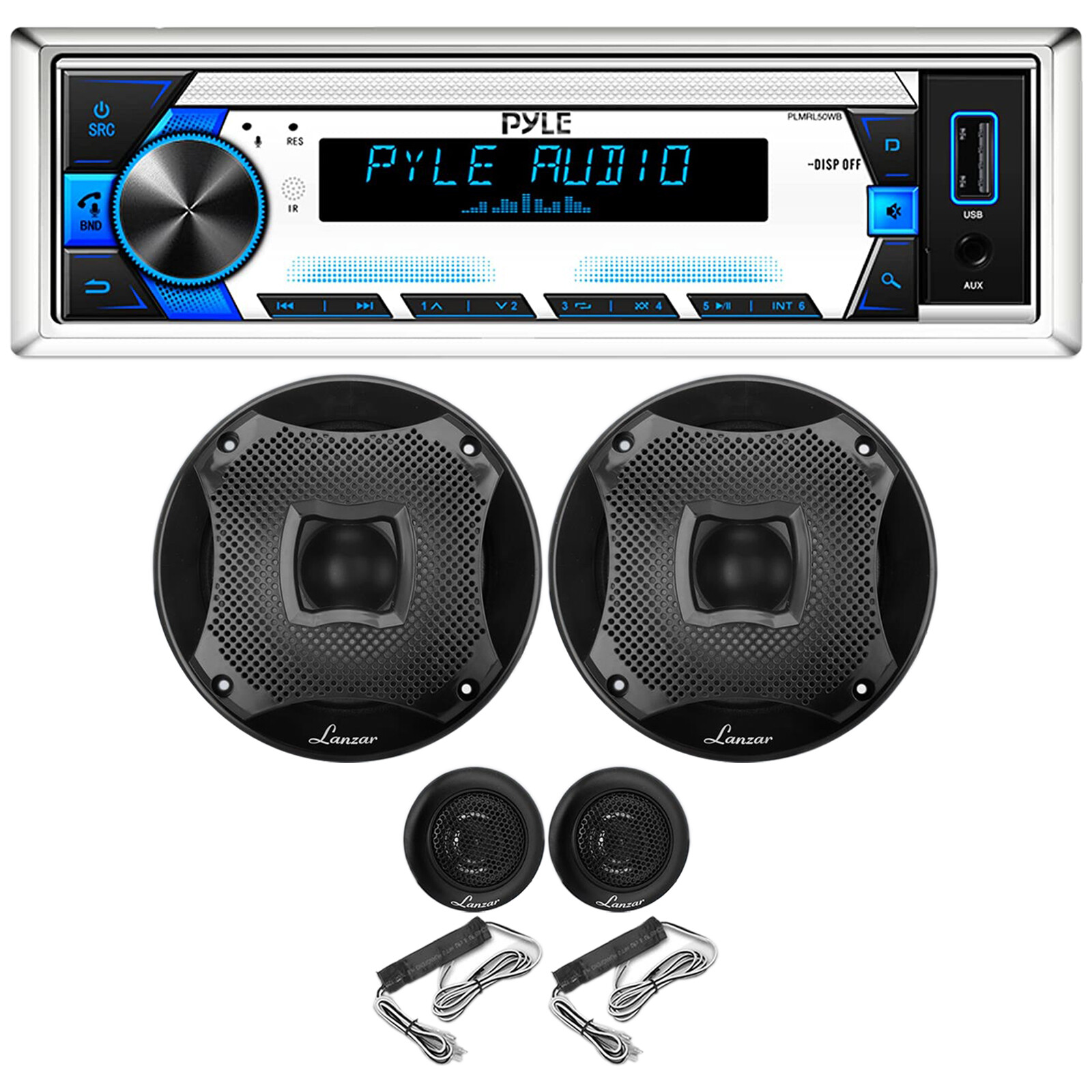 Pyle PLMRL50WB 1-DIN Receiver, 2x 6.5″ 450W 2Way Black Marine Component Speakers