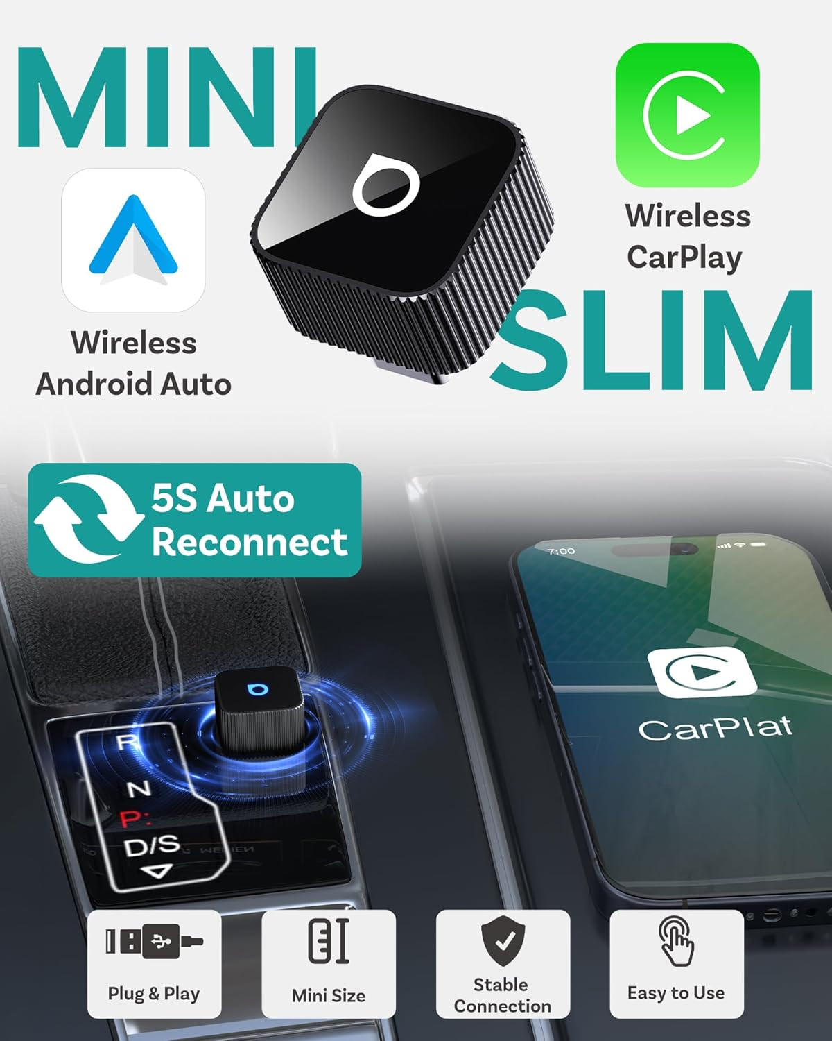 OTTOCAST Mini Slim Wireless CarPlay & Android Auto Adapter, USB-A/USB-C Dual Por