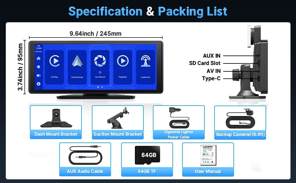 Leadfan Wireless Carplay Car Stereo Radio 2.5K Dash Cam, 9.3″ IPS Touchscreen