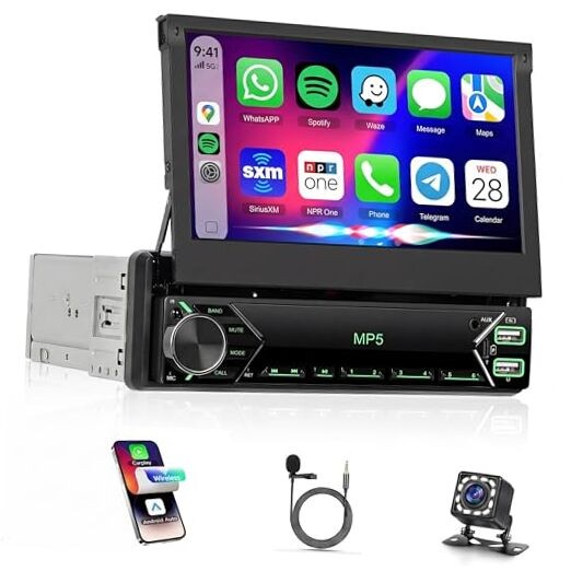 Single Din Car Stereo Wired CARPLAY Android auto, Flip Out Car Radio 7 Inch