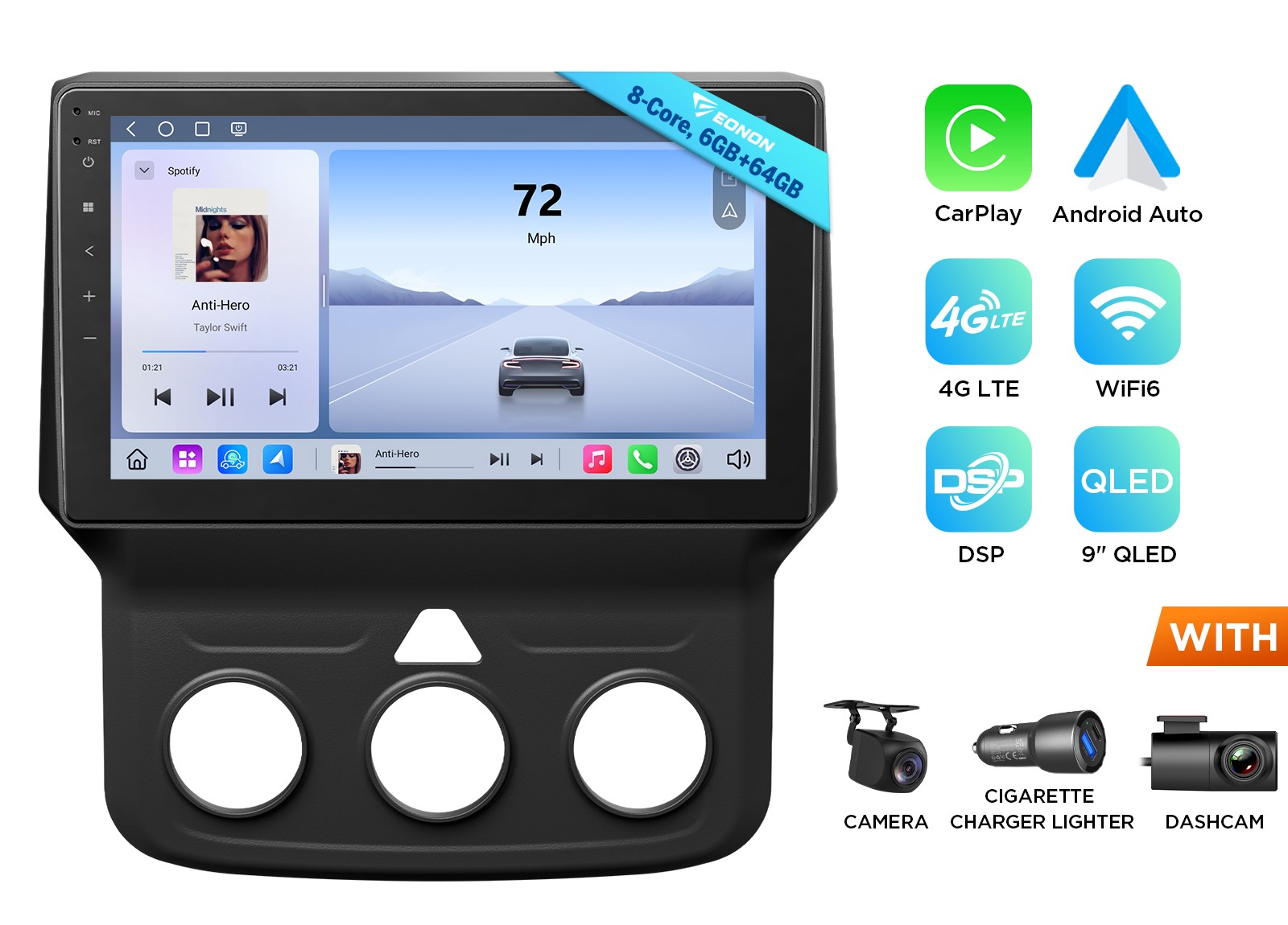 For RAM 1500 Classic 2019-2024 QLED 9″Android Car Stereo 6+64 WiFi 6 CarPlay GPS