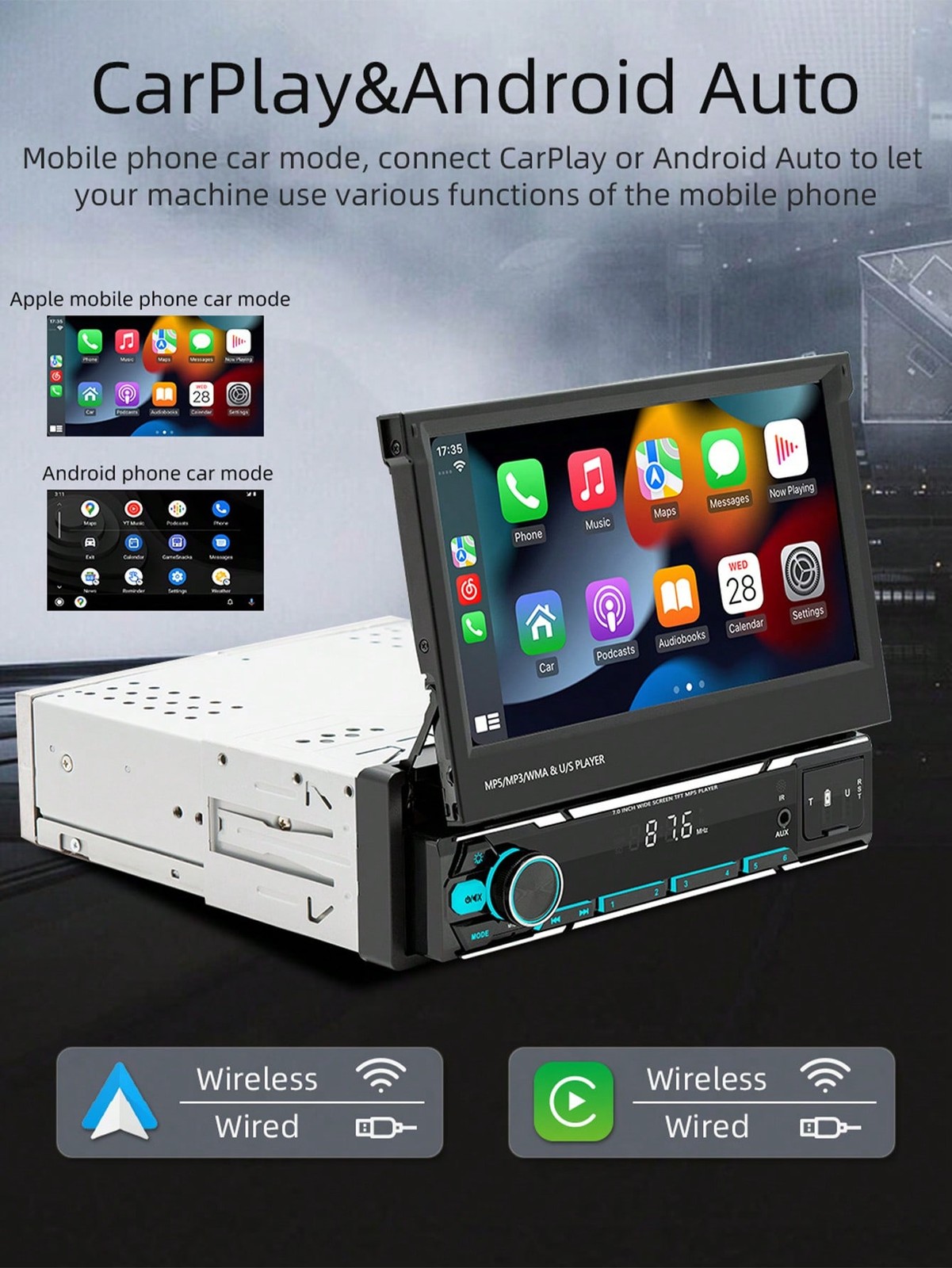 7″ HD Touch Single DIN Car MP5 Player CarPlay Android Auto FM USB AUX SD ISO