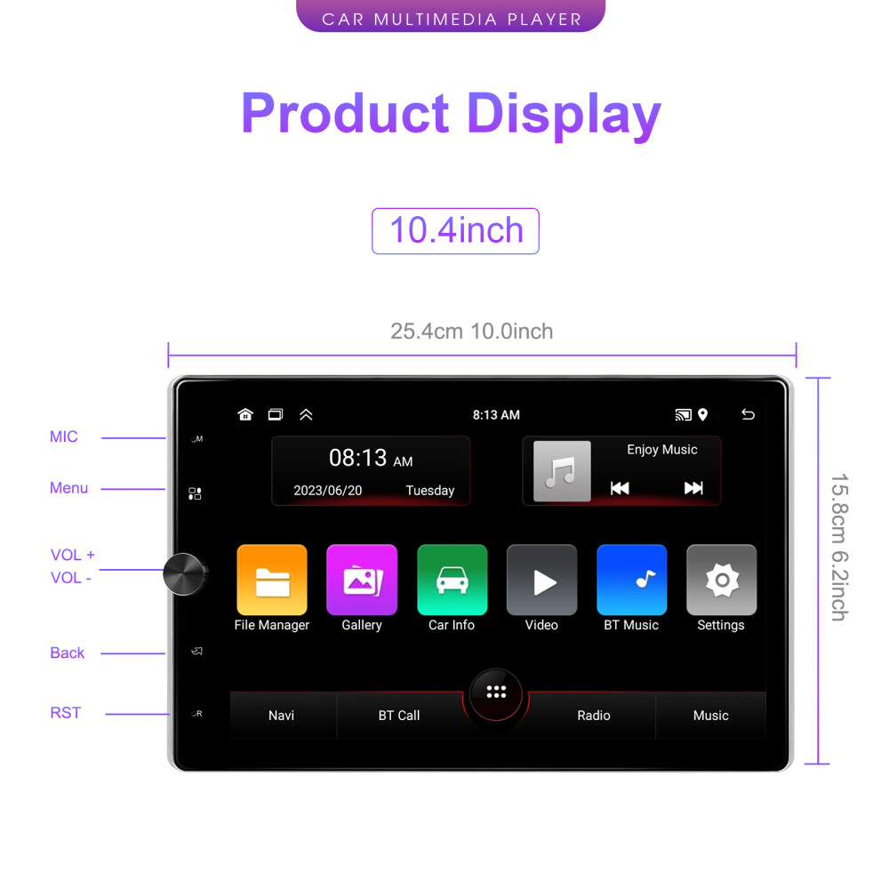 10.4” Android 13 Single 1 Din Apple Carplay Car Stereo Radio GPS 64GB + Camera