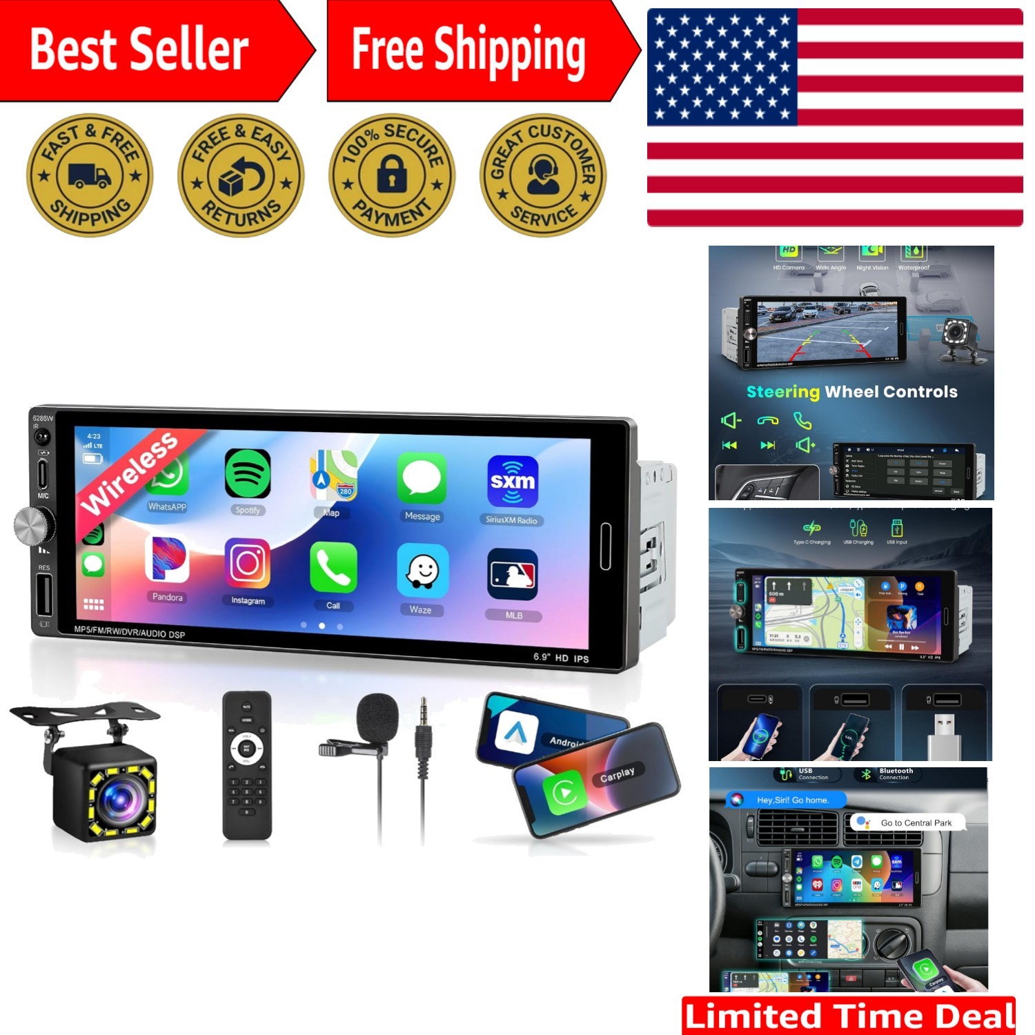 6.9-Inch Dual Mic Car Stereo with Wireless Carplay, FM, and RCA Output