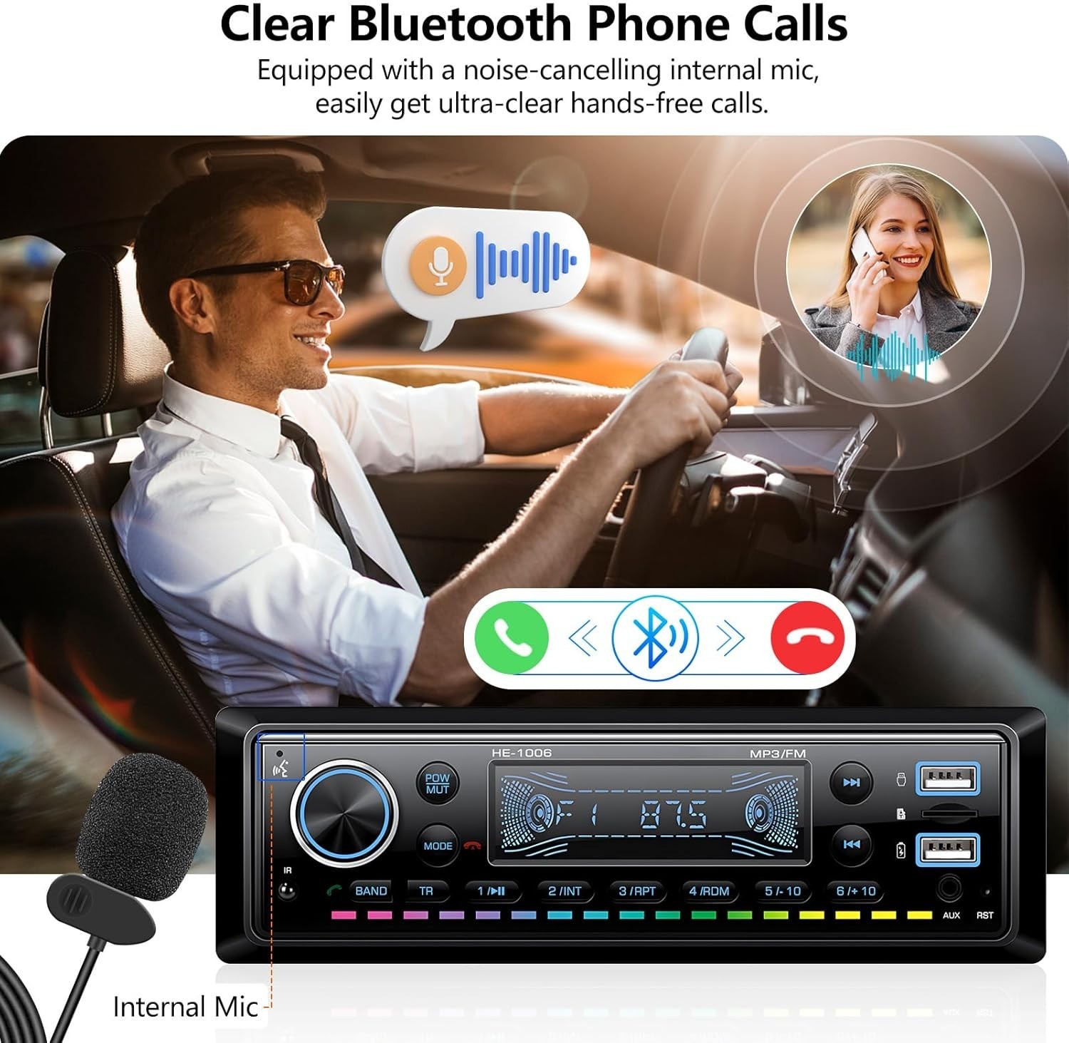 Compact Bluetooth Car Audio Receiver with USB/SD/AUX, Remote Control Included