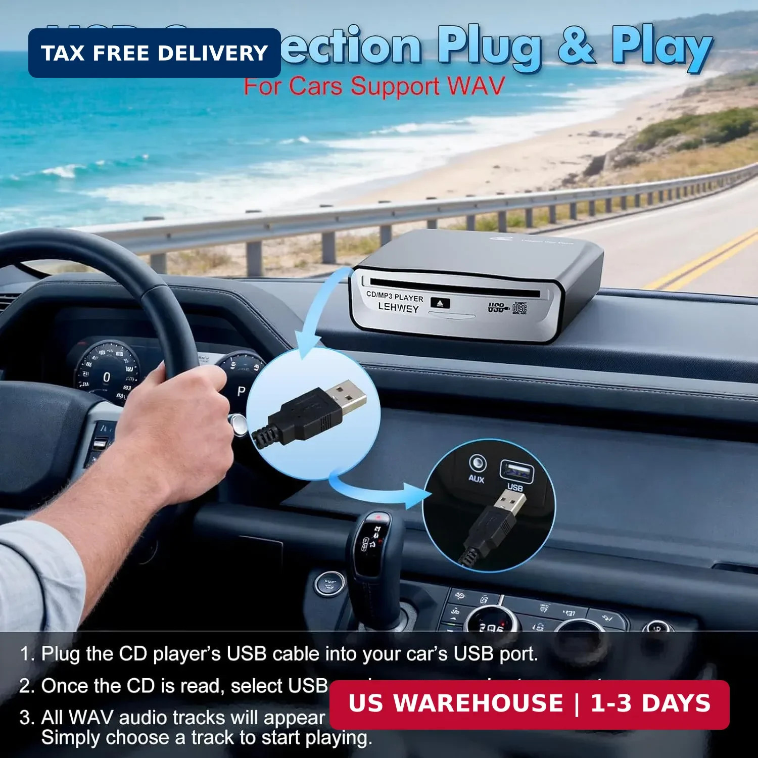 External Universal CD Player for Car – Portable Car CD Players with AUX Cable &