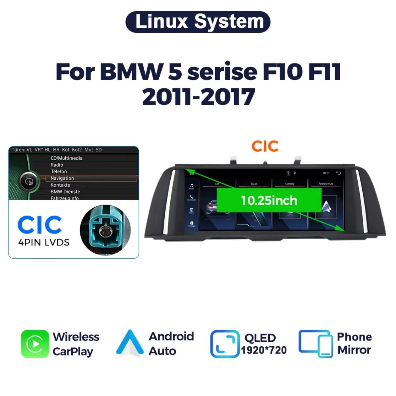 For BMW 5er F10 F11 2009-2012 CIC System 10.25” Car Linux Screen Radio Carplay