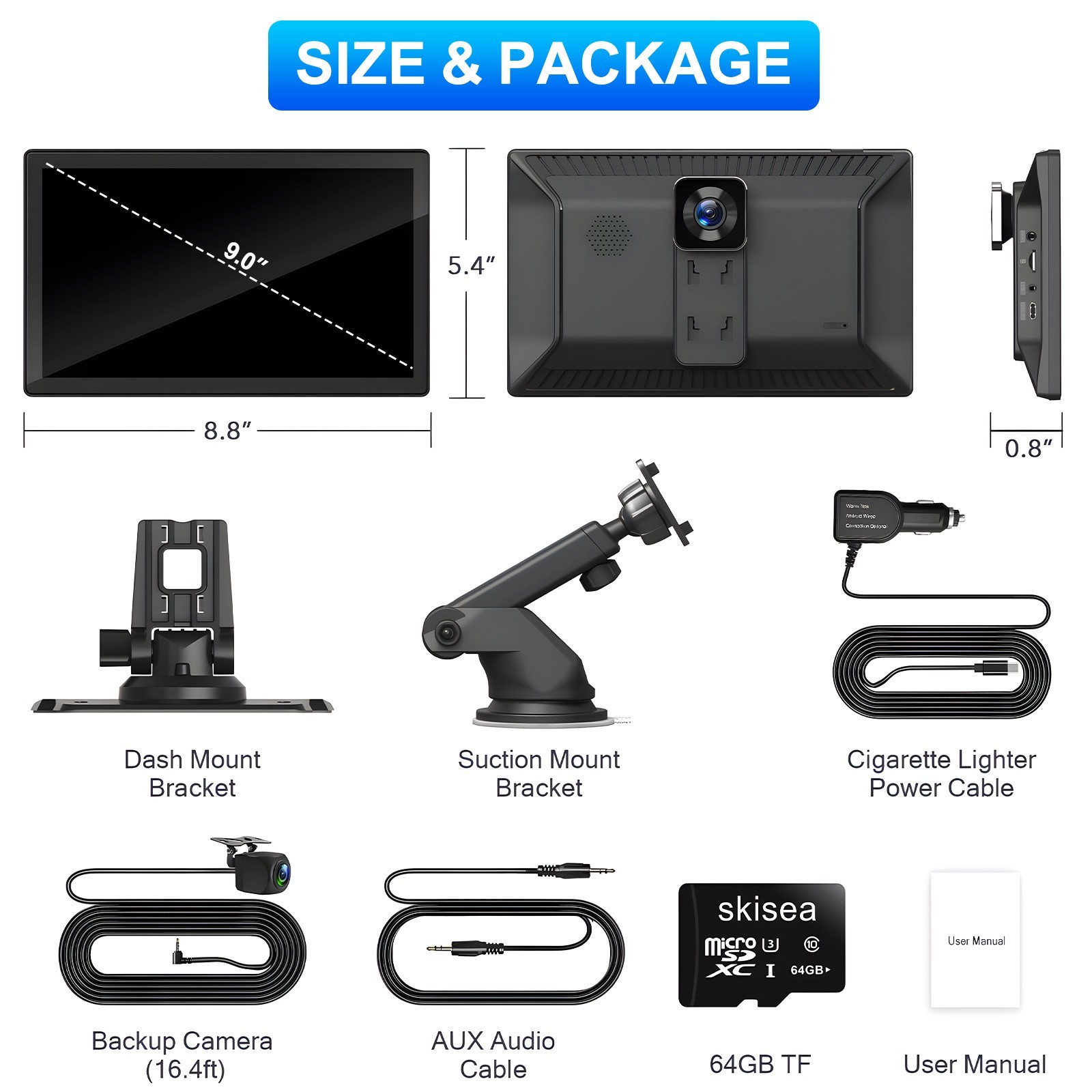 9 Inch Touch Screen Portable A-pple CarPlay & Android Auto Car Stereo + Rear Cam