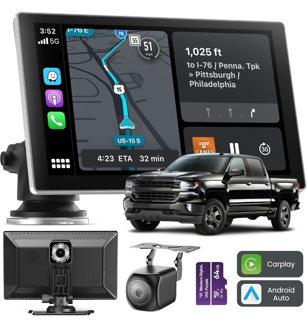 Carplay Screen for Car, 9″ Portable Wireless Carplay & Android Auto, 4K DashCam