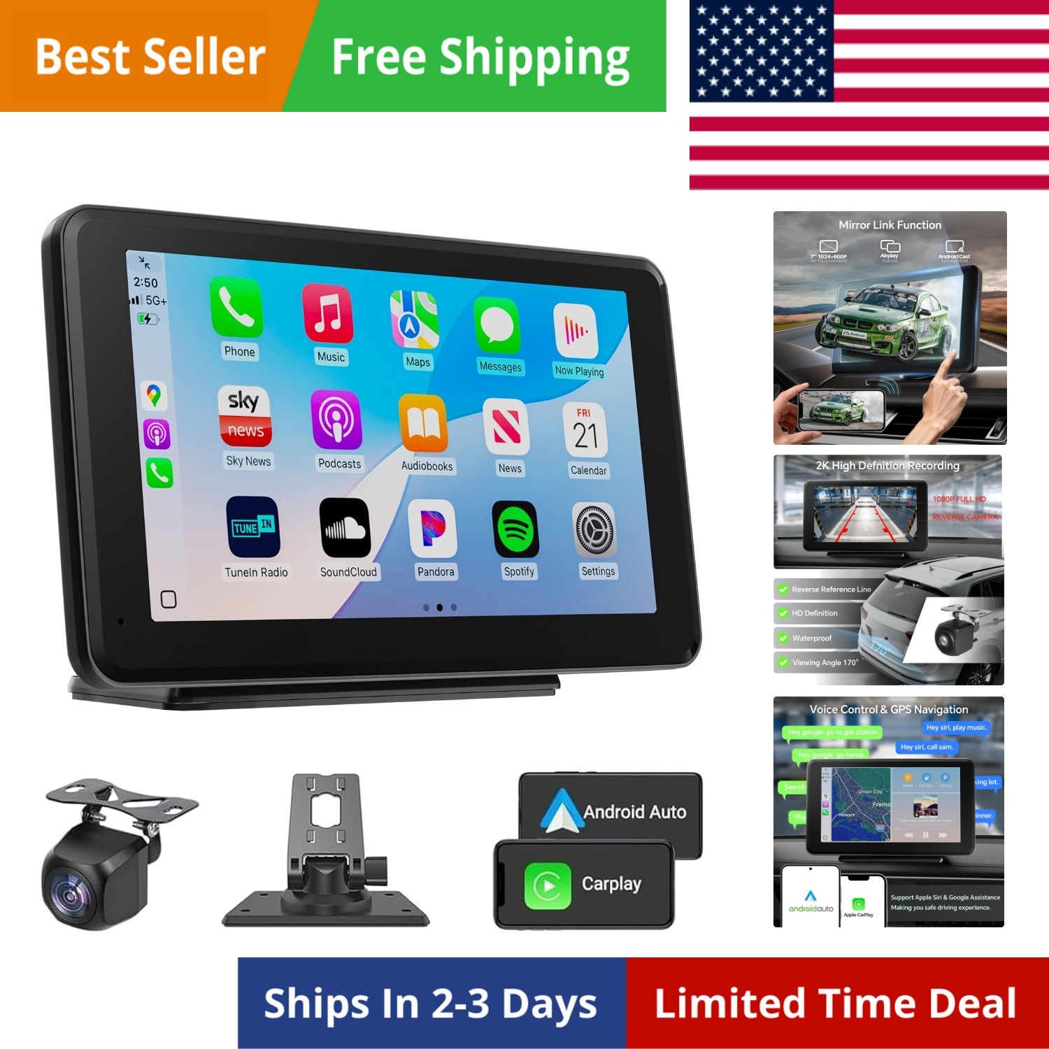 Wireless CarPlay & Android Auto Car Stereo – 7″ HD Portable Touchscreen with …
