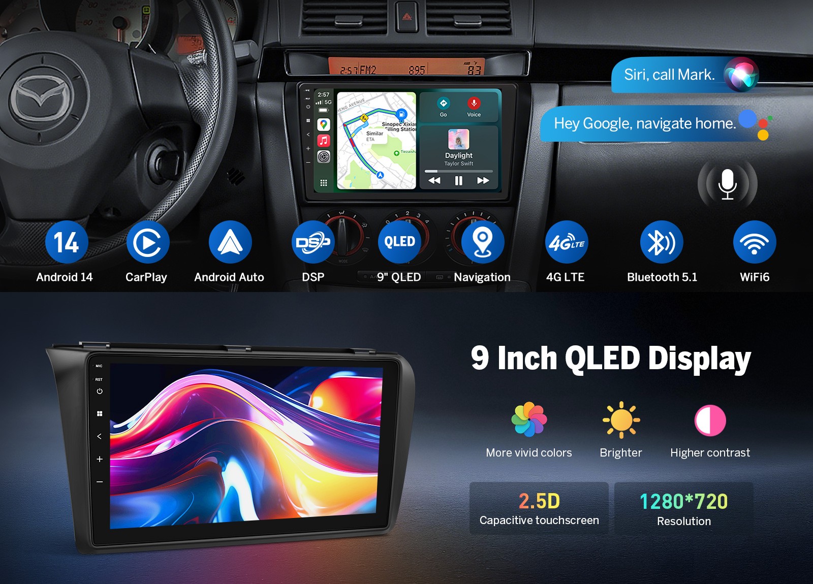 9 inch QLED 6+64 Android 14 Car Stereo GPS Navigation Radio for Mazda3 2004-2009