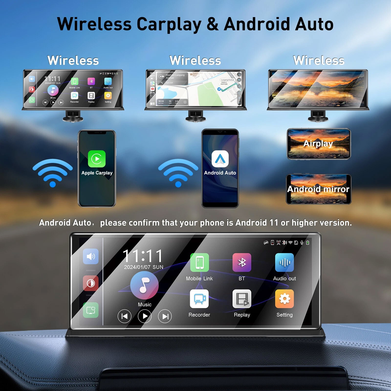 11.3 inch Car Multimedia Player Wireless Carplay Android Auto Dash Cam VideoWh