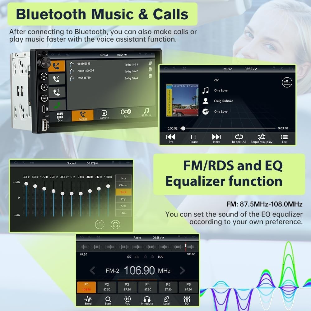 7-Inch IPS Car Stereo with Bluetooth, FM Tuner & Backup Camera Support
