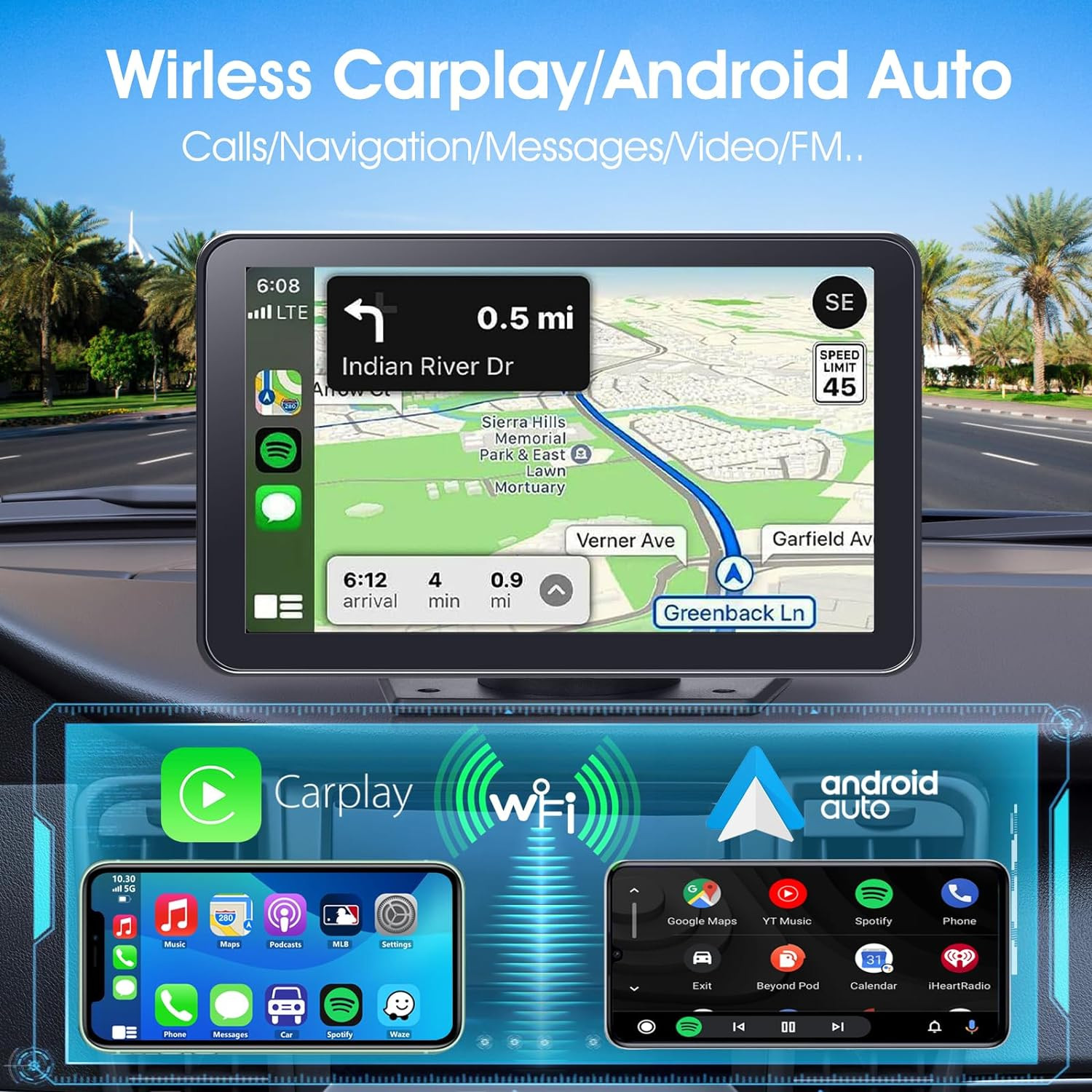 Wireless Car Stereo 7 Inch Touchscreen with Android Auto Bluetooth Camera GPS