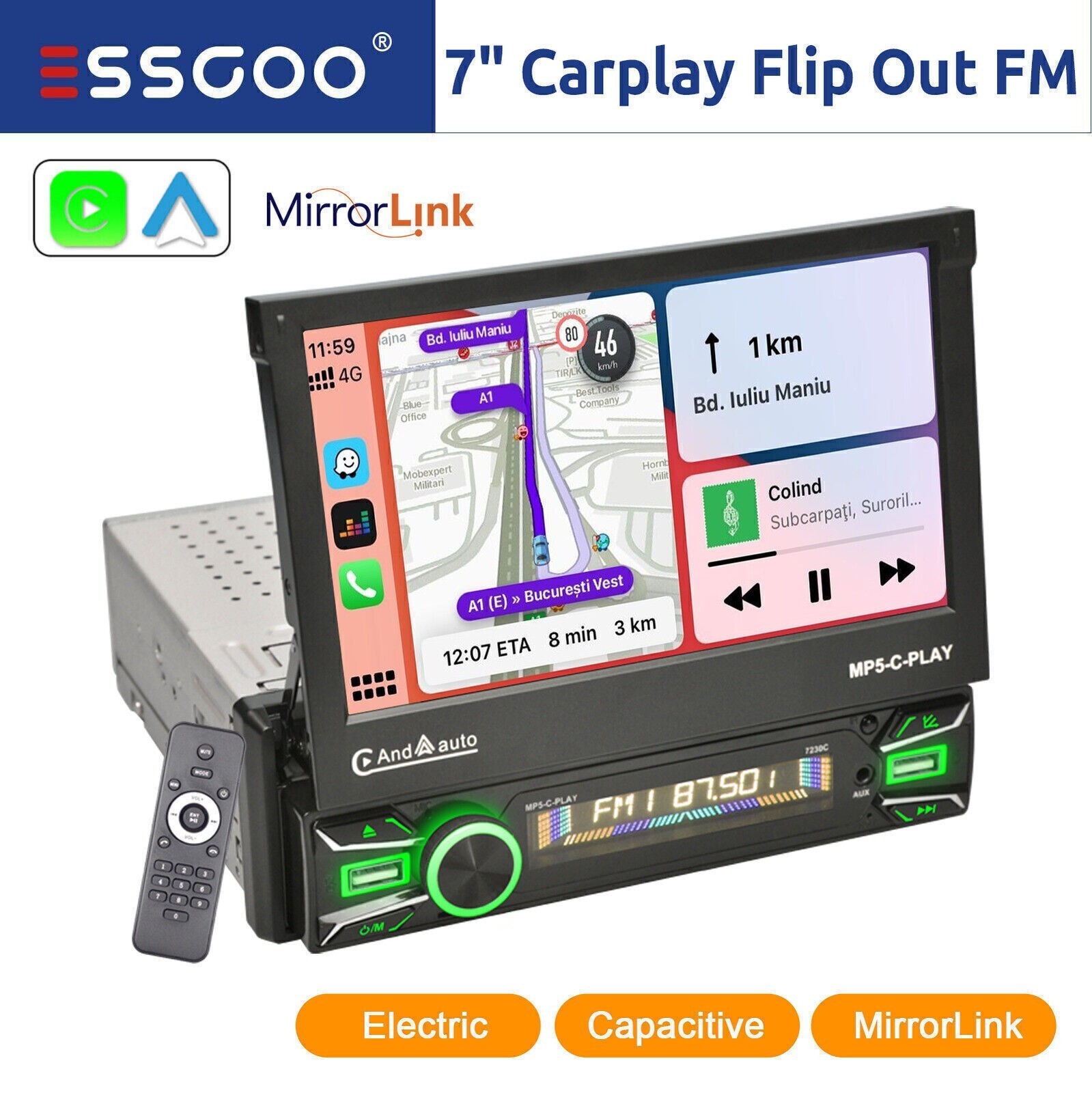 7″ Single 1 DIN Carplay Android Auto Car Stereo Flip Out Screen Head Unit Player