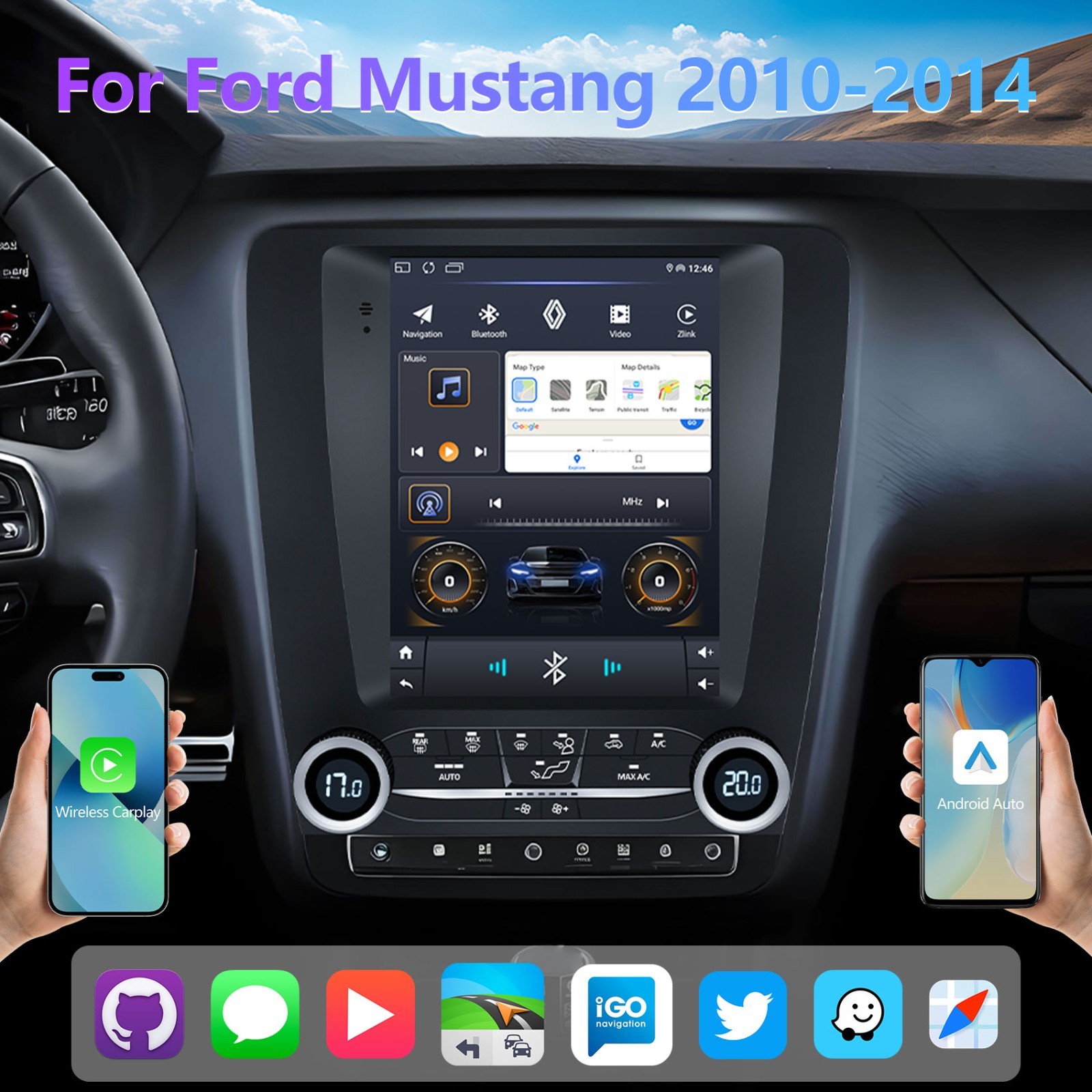 For 2010-2014 Ford Mustang Apple Carplay Car Radio Stereo Android 15 GPS WIFI BT