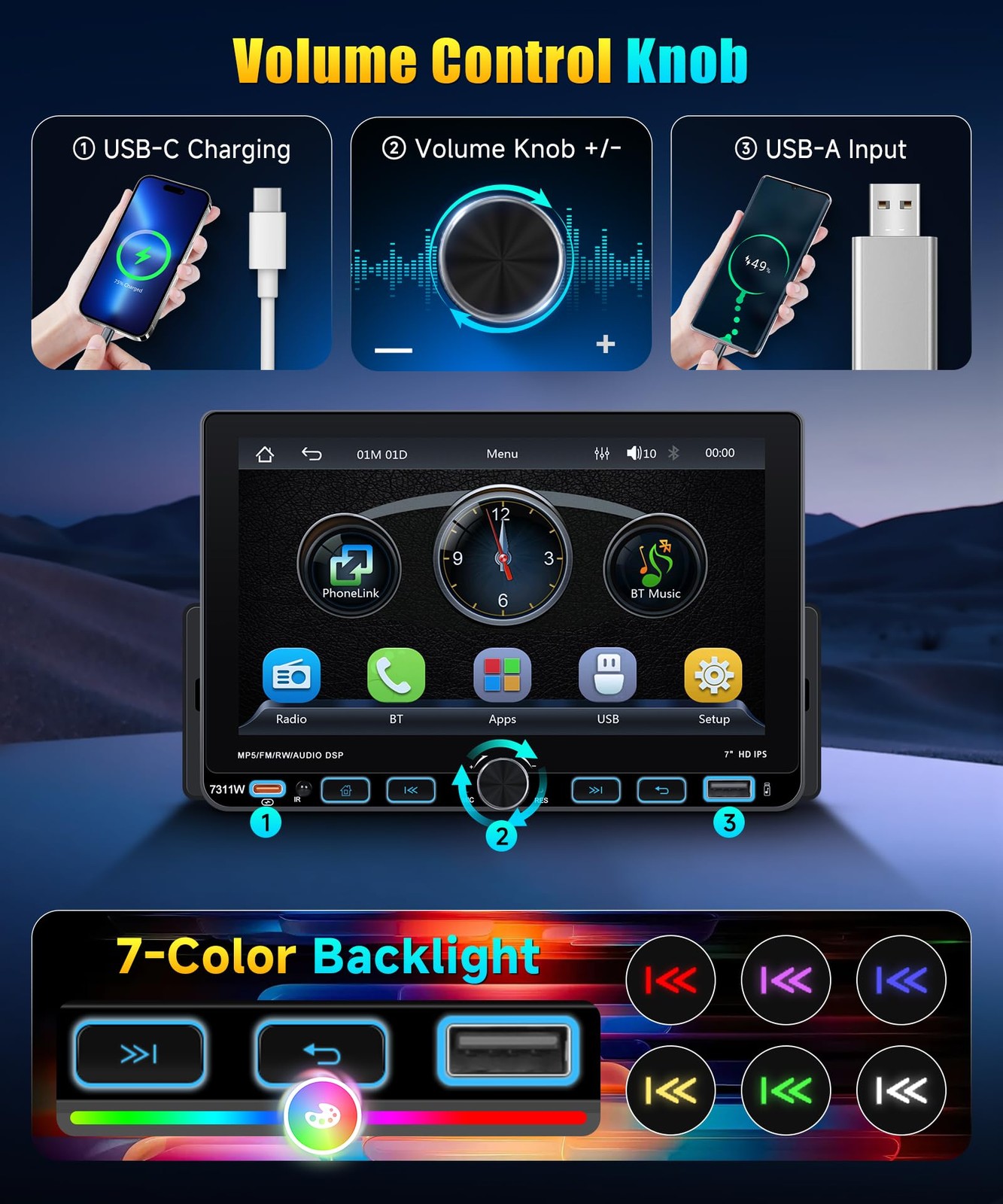 Single DIN Car Stereo with Wireless CarPlay & Android Auto, 7-Inch Touchscree…