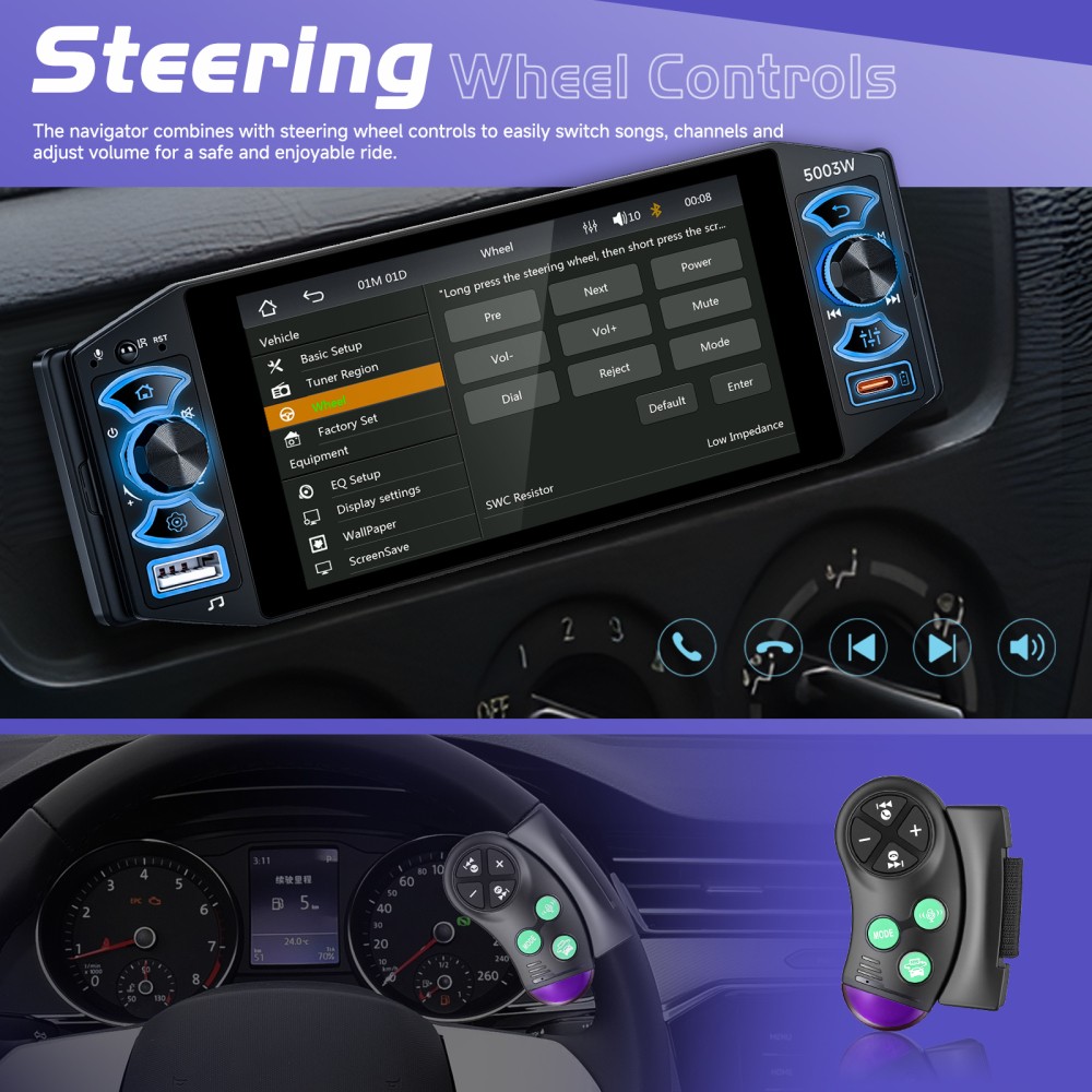 5″ Single 1Din Car Stereo Radio USB BT Wireless Android auto Carplay BT + Camera