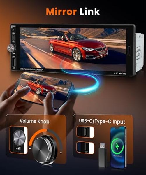 Single DIN Carplay Radio Wireless Android Auto, 6.9-Inch IPS Touchscreen Car
