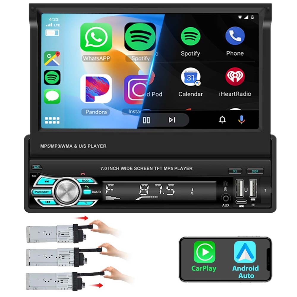7″ 1 Din Wireless Carplay Android Auto Car Radio Flip Out MP5 Player Mirror Link