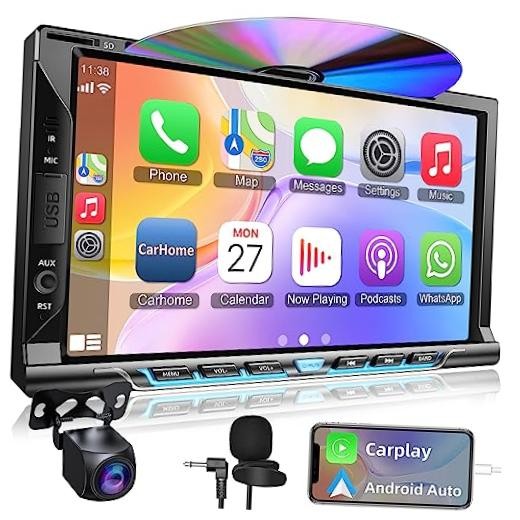 Double Din car Stereo with CD/DVD Player- CarPlay & Android Auto, Car Style A