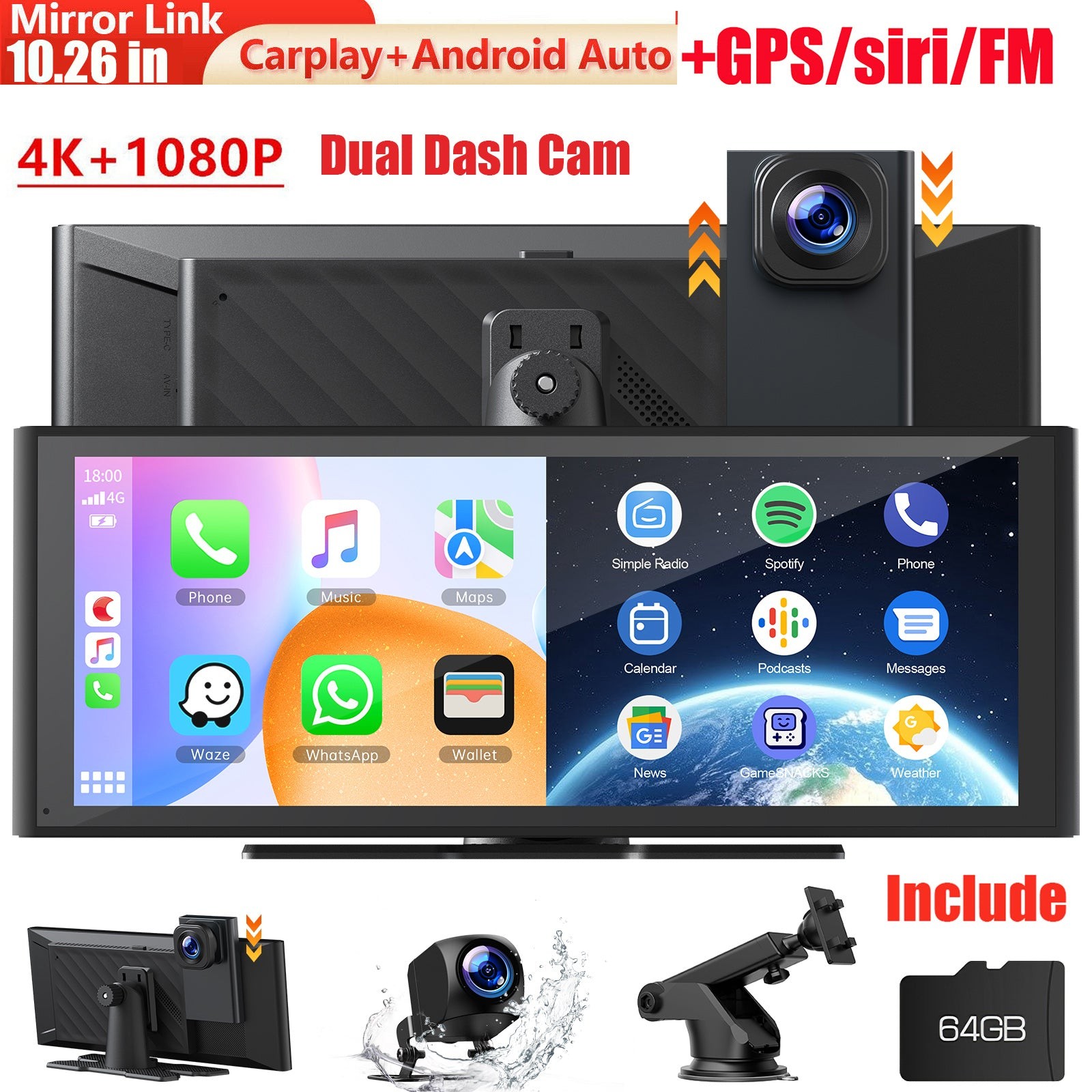 Portable 10.26″Car Stereo Wireless Apple CarPlay Android Auto 4K+1080P Dash Cam