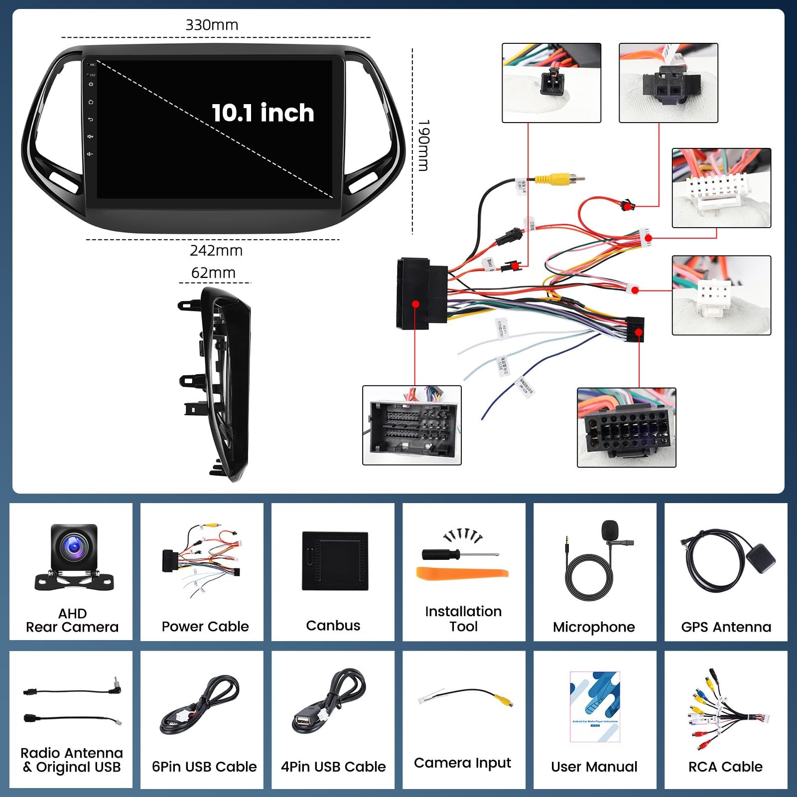 4 Core 2+64G Android 15 Car Stereo for Jeep Compass 2017-2020 with Wireless C…