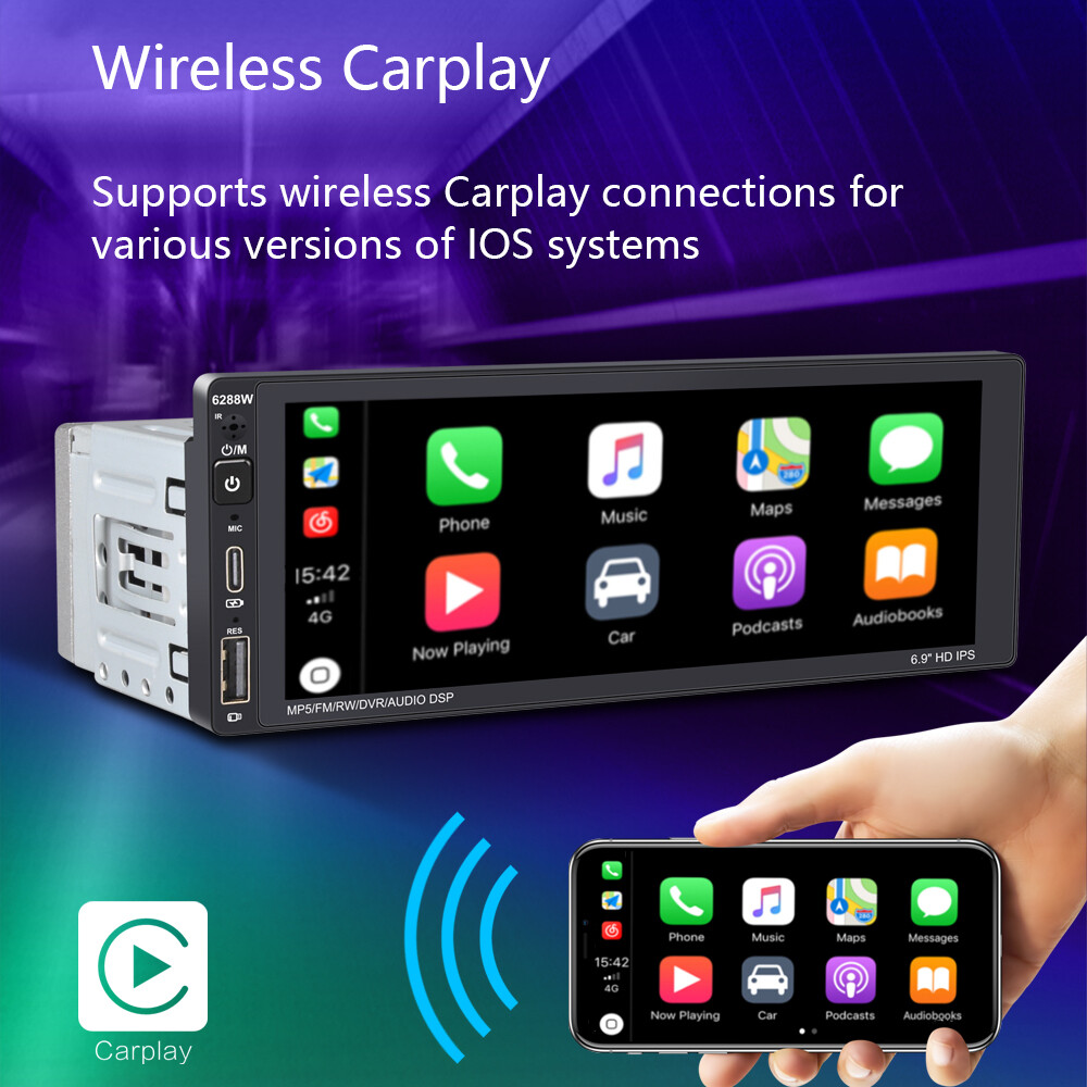 6.9″ Wireless Carplay 1 Din Touch Screen Car Stereo Radio Android auto Bluetooth