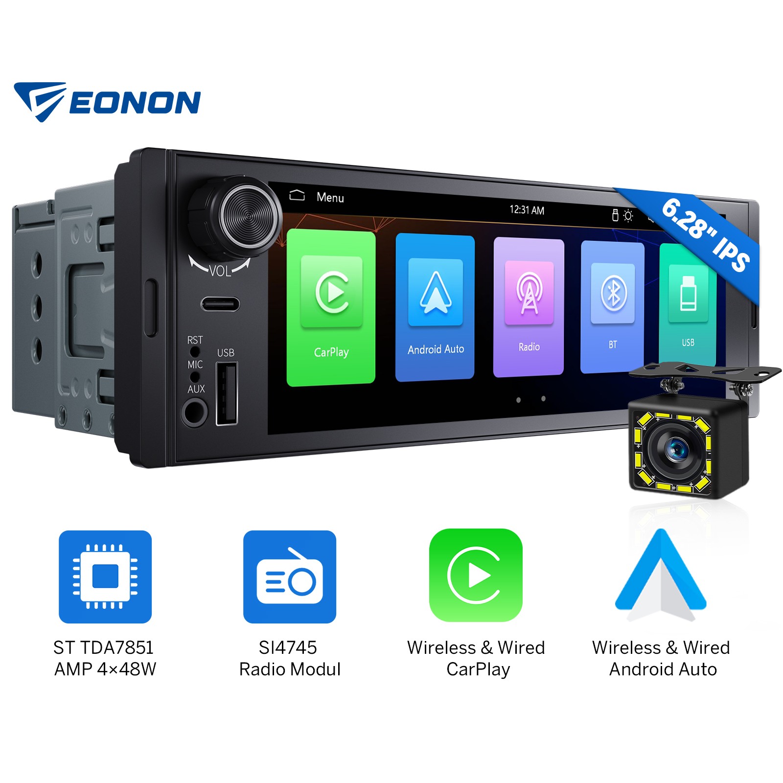 Car Stereo Head Unit Wireless CarPlay GPS 6.28″ IPS Android Auto Single 1DIN CAM